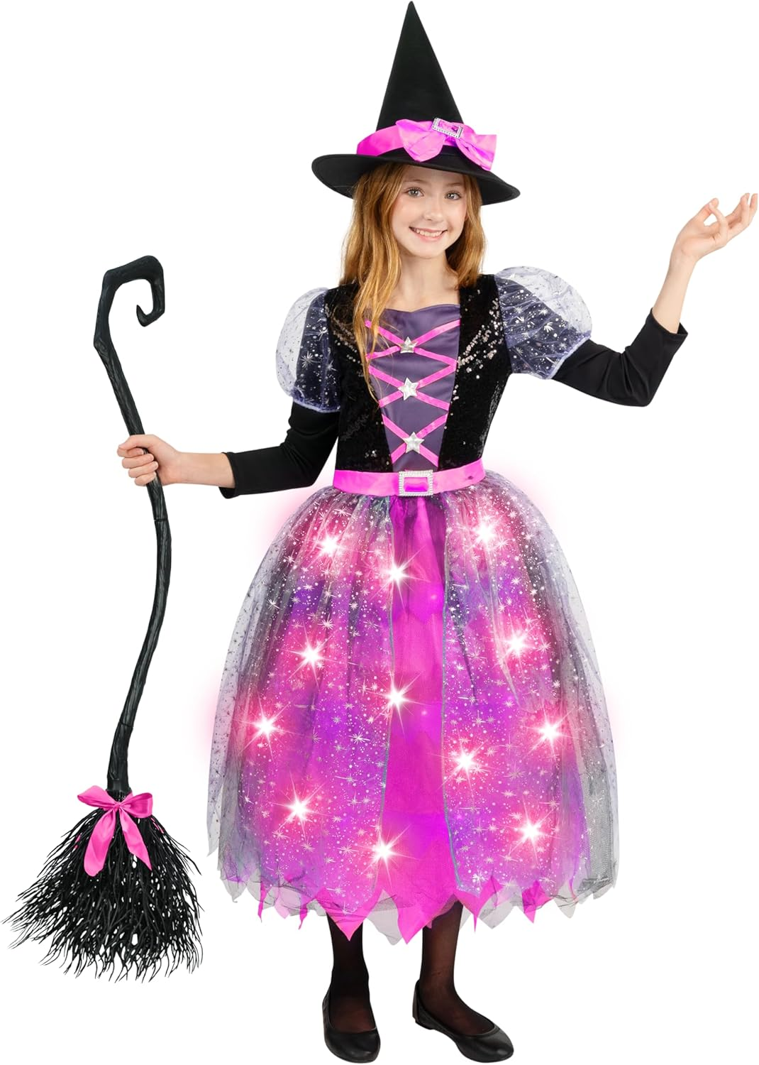 Spooktacular Creations Witch Costume Kids, Light up Halloween Costumes Witch Dress with Hat and Broom, Halloween Parties image number 2