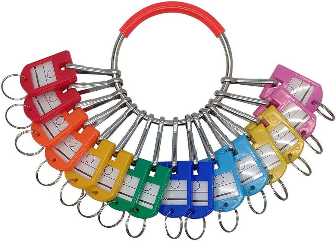 Portable Metal Ring Key Organizer with 16 Spring Hooks & Key Tags with Ring and Label Window