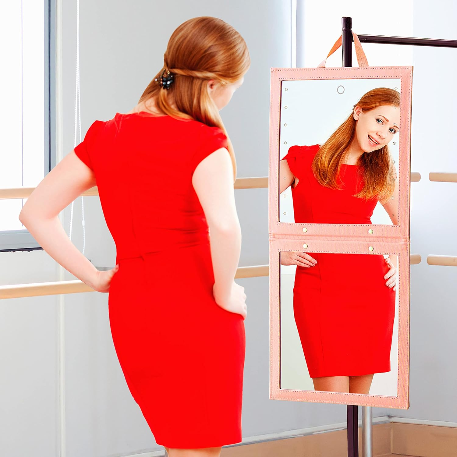 Bruun Hangable Mirror with Dimmable LED Lights for Luminous View &ndash; a Pink Foldable Backstage Mirror for Dancers, Artists and Aestheticians at Home, Spa or Events with Touch Sensitive Power Button image number 4