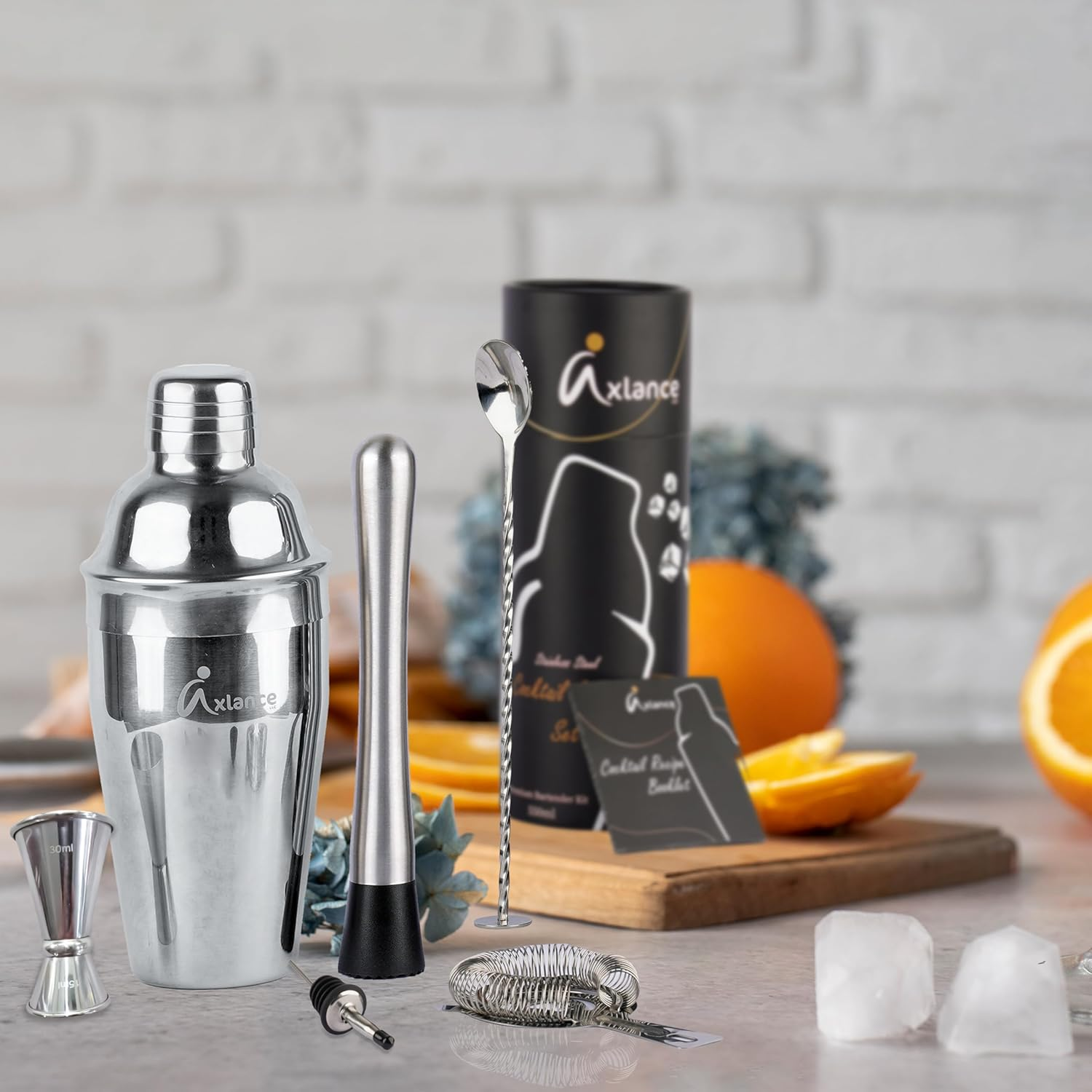 Cocktail Shaker Set 8 Pcs in Premium Packaging - Complete Cocktail Set - High Grade 304 Stainless Steel - 550Ml Cocktail Kit, Double-Sided Jigger - Including Cocktail Recipes Bonus image number 4