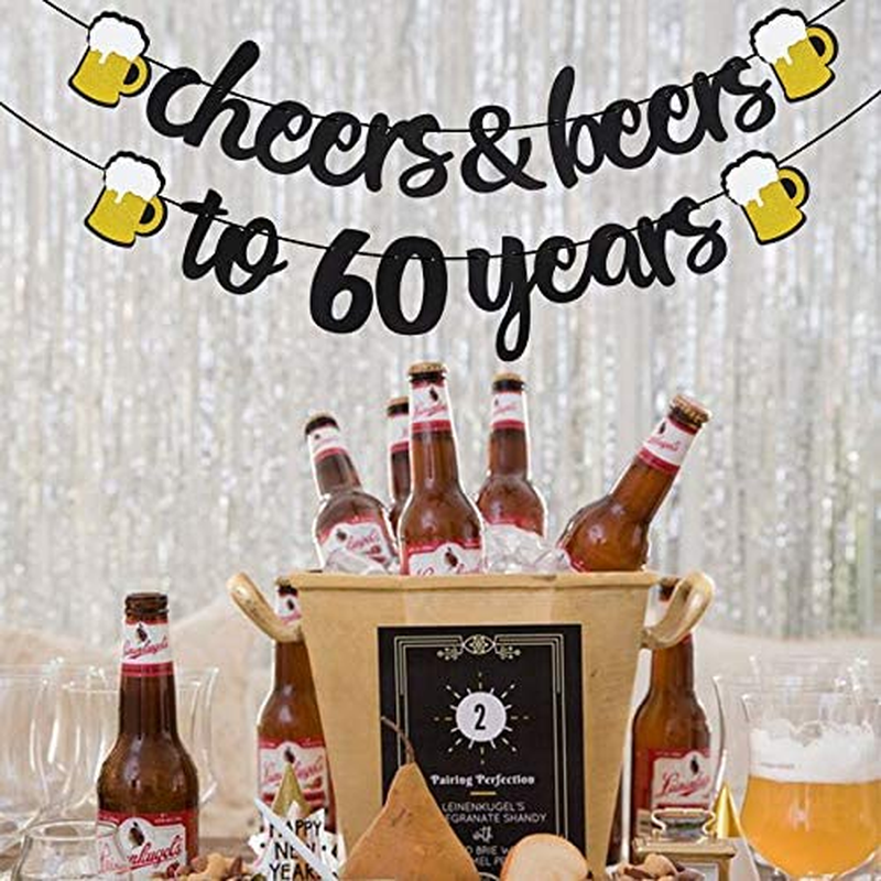 Cheers & Beers to 60 Years Black Glitter Banner for 60Th Birthday Wedding Aniversary Party Supplies Decorations - PRESTRUNG image number 1