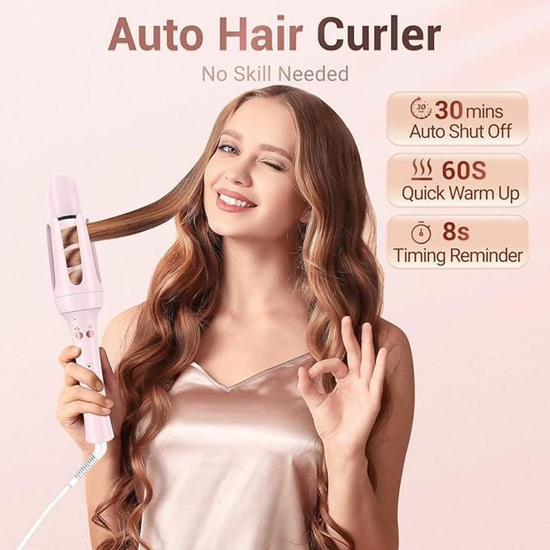 Automatic Curling Iron Hair Curler, Replaceable Curling Wand with 2 Sizes Barrel (1", 1.25") & 3 Temps, Hair Waver with Anti-Tangle & Auto-Off, Double Voltage Rotating Curling Iron for Long Hair-Rose image number 1