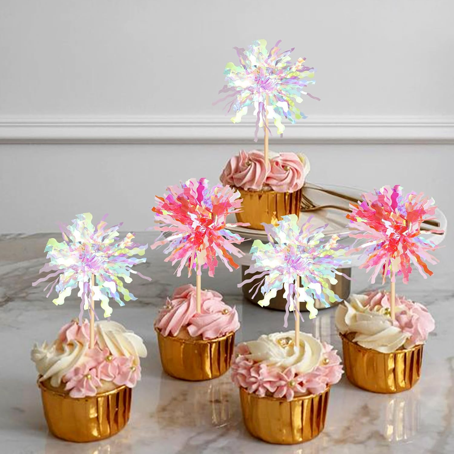 20 Pack Foil Firework Cupcake Toppers Party Birthday Cake Toppers Supplies Sparkle Tinsel Cocktail Fruit Toothpick for Birthday Wedding Graduation Party White+Pink image number 6