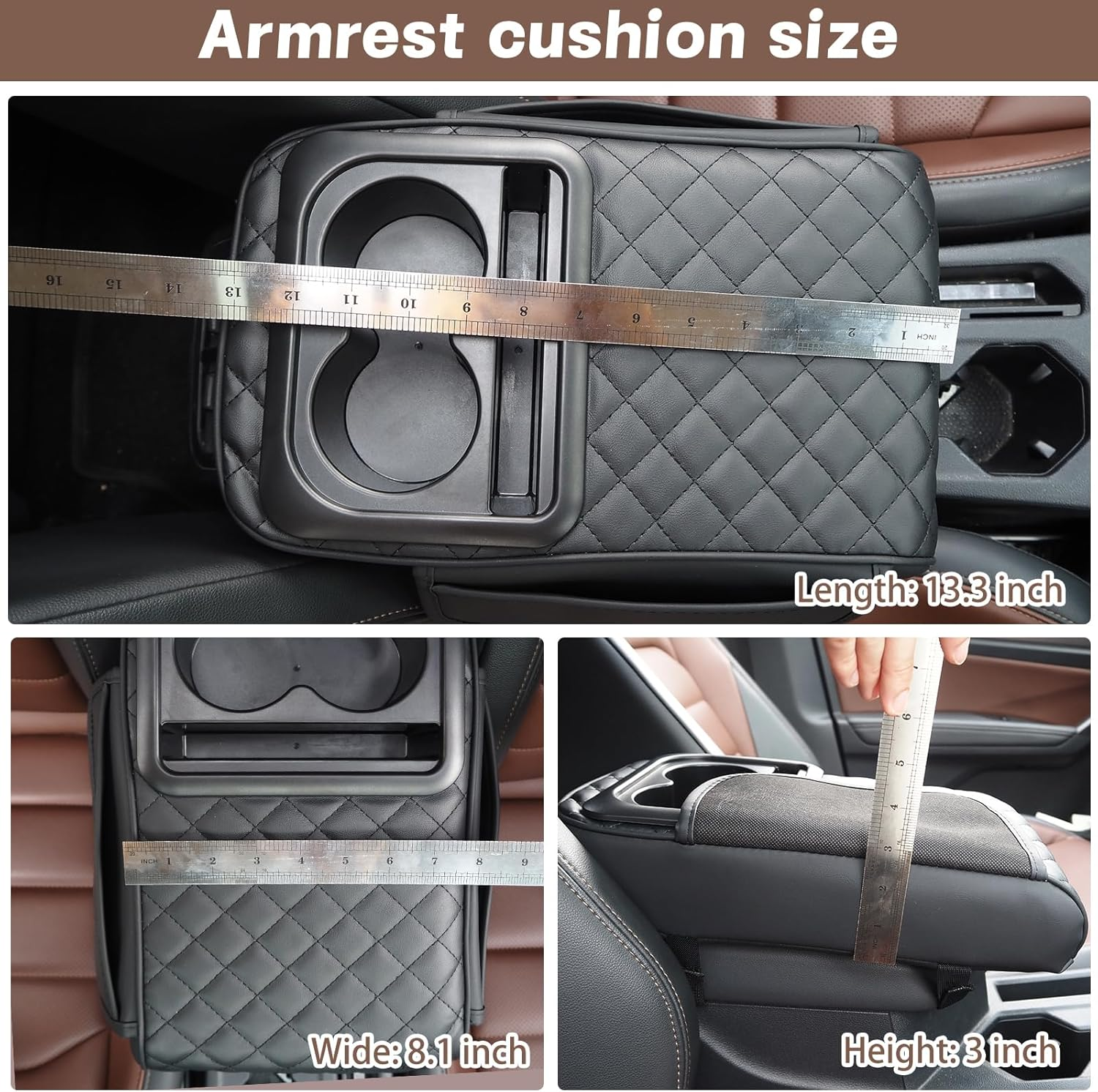 Car Leather Armrest Cover Center Console Cushion, Universal Memory Foam Armrest Pillow with Organizer, Anti-Scratch Arm Rest Protector Pad Accessories for Car, Suvs (Black with Cup Holder) image number 1