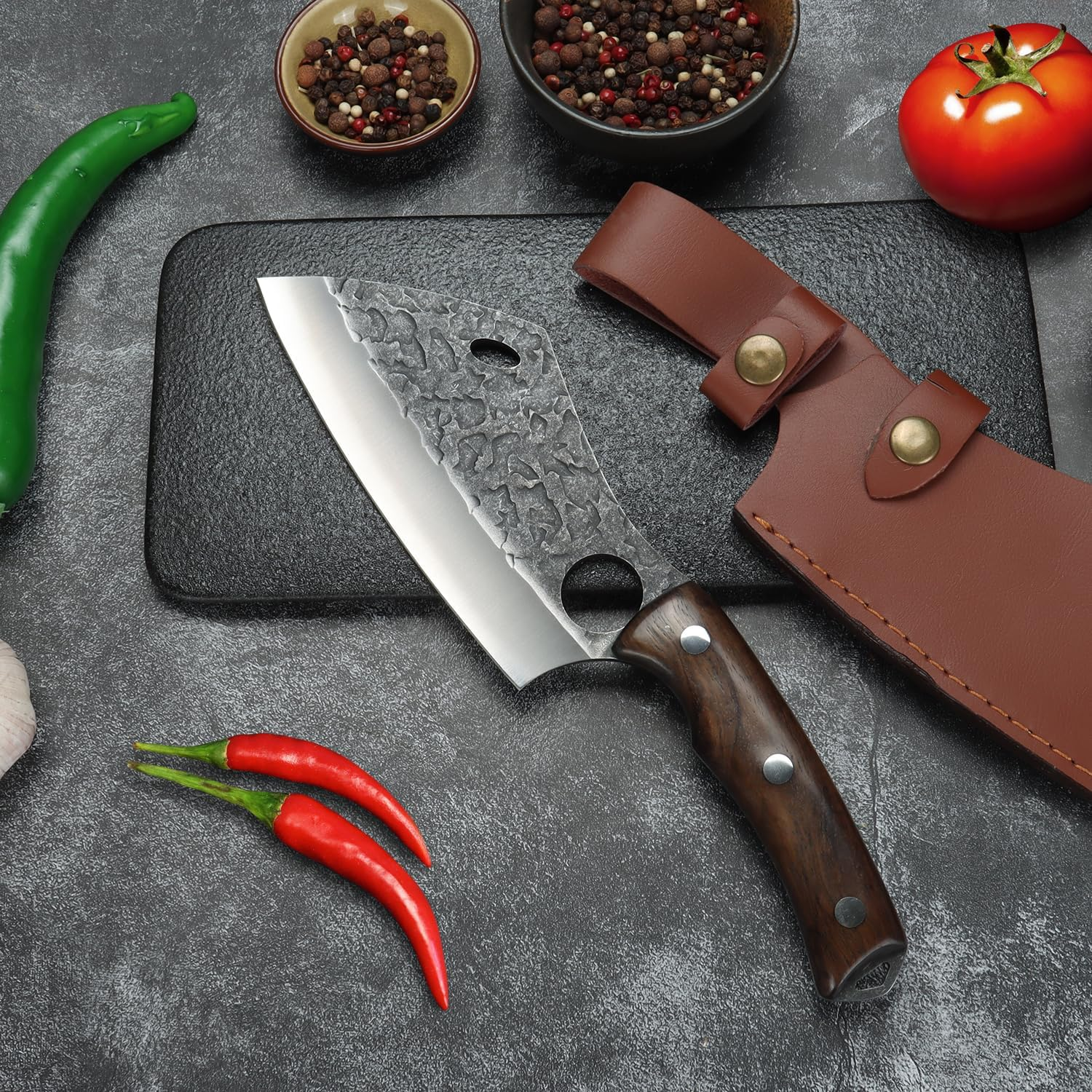 Boning Knife - Uniquefire 6 Inch Butcher Knife, Hammered Forged Chef Cleaver, Handmade Serbian Knife, Full Tang Kitchen Knife, High Carbon Blade Knife with Sheath for Hunting, BBQ, Camping image number 4
