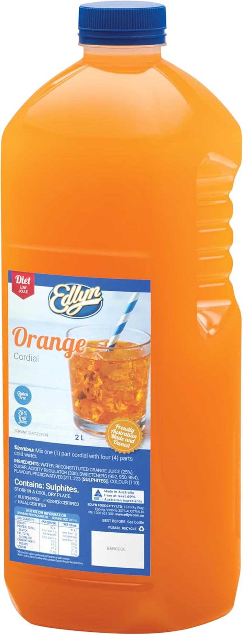 Edlyn Traditional Diet Orange Cordial 2 Litre image number 1