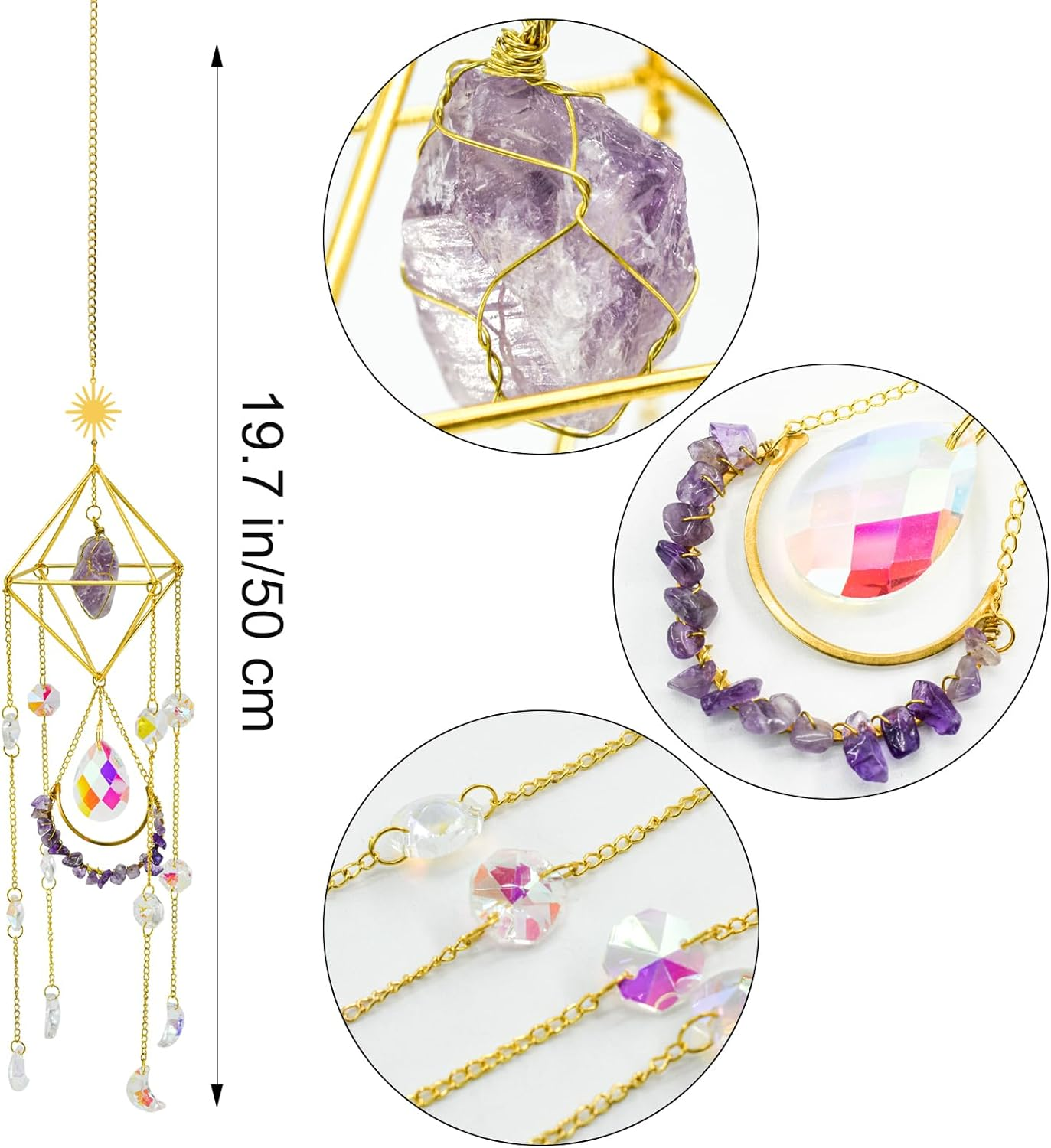 Mrmrkura Crystal Suncatcher for Windows Hanging with Chain, Gold Sun Catchers with Crystals Rainbow Maker Wind Chime Crystal Ornament for Home Indoor Decor (Amethyst) image number 2
