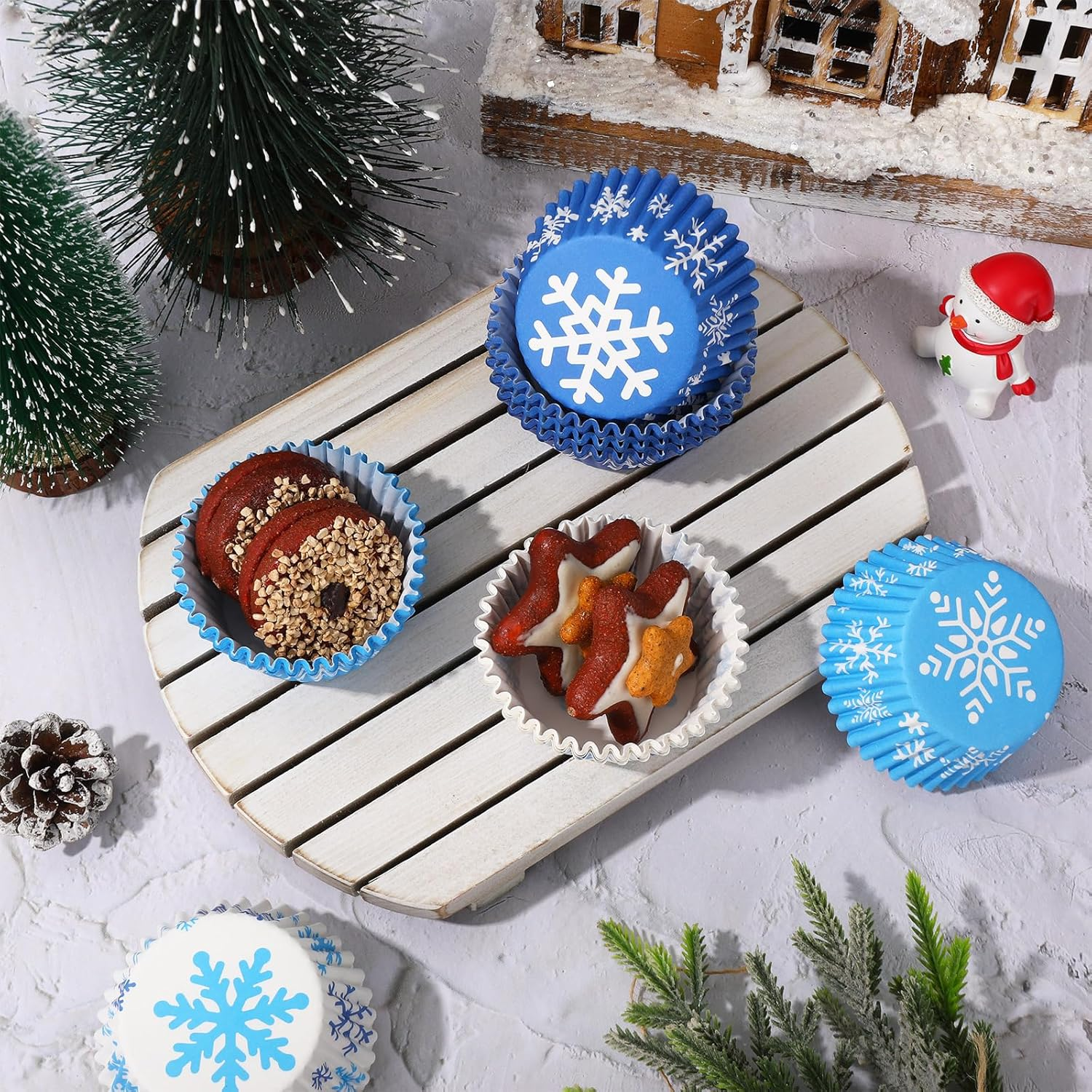 Whaline 600Pcs Winter Cupcake Liner White Blue Snowflake Paper Cupcake Wrapper 3 Designs Disposable Christmas Muffin Baking Cup for Home Kitchen Party Supplies, 2 X 1.2 In