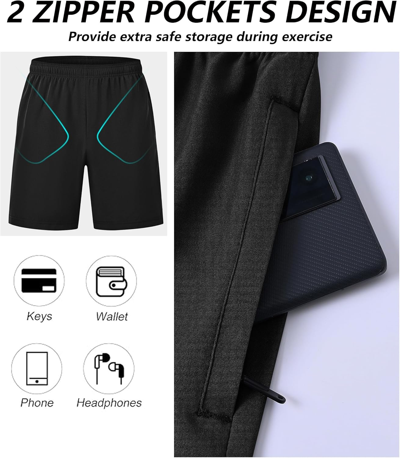 Mens Sport Shorts 3 Pack Zip Pockets Gym Training Athletic Shorts for Men with Drawstring Elastic Waist