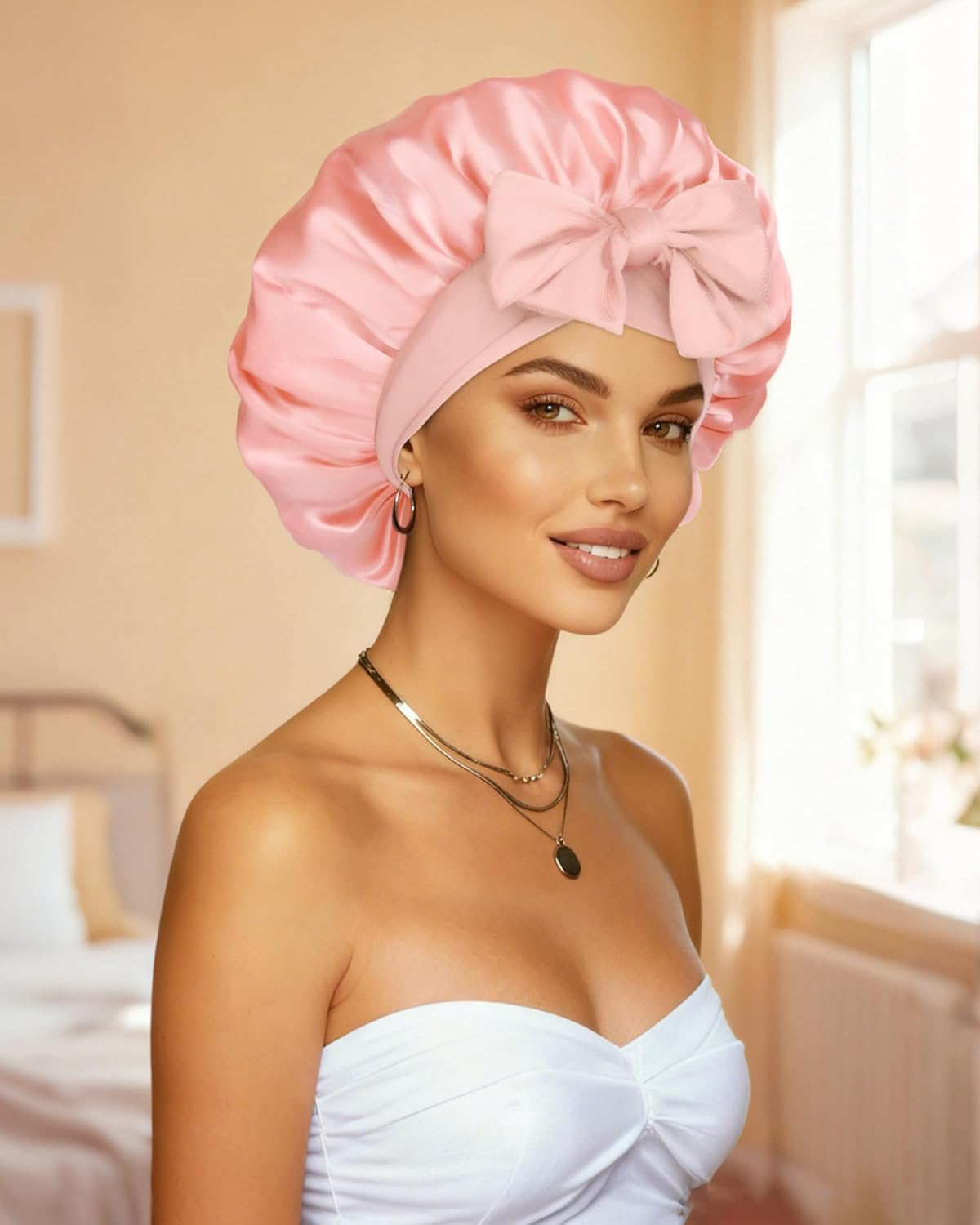 Reversible Satin Bonnet for Sleeping Women Double Layer Hair Bonnet with 2PCS Hair Scrunchies Elastic Tie Band Night Cap, Apricot Powder+Champagne image number 2