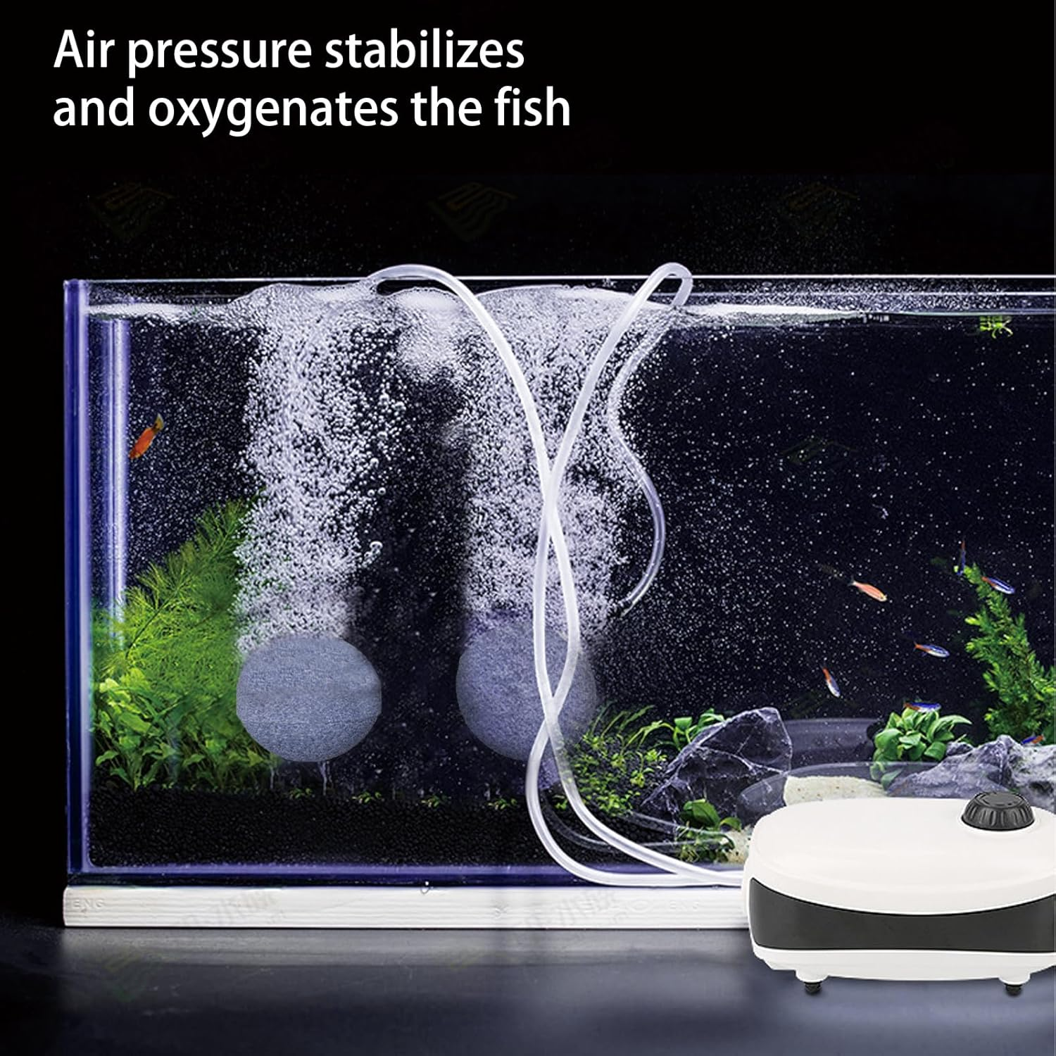 4W Fish Tank Air Pump, 6L/Min Quiet Adjustable Oxgen Pump, Powerful Aquarium Air Pump Aquarium Bubbler with All Accessories(Air Stone,Tubing Silicone,Check Valves) for 1-600L Fish and Turtle Tank image number 5