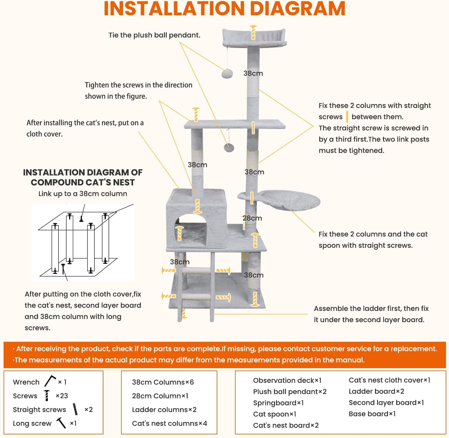 Cat Climbing Frame, 154Cm Cat Scratching Post Multi-Level Play Tower with 2 Pom Poms and Spacious Hammock for Indoor Kittens, Multi-Level Apartment Cat Furniture image number 6