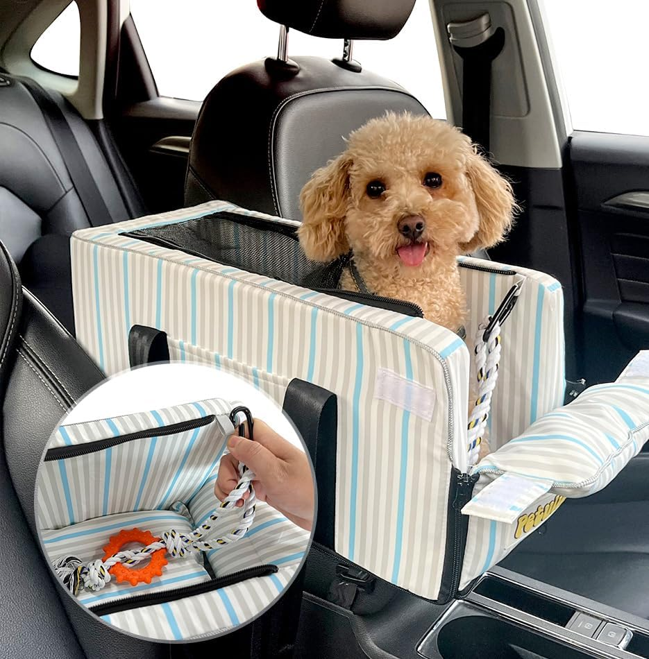 PETULINA Dog Car Seats for Small Dogs - Small Dog Car Seat - Travel Bags for Dogs and Cats Portable - Dog Booster Seat Washable - Car Armrest Included Safety Tethers Perfect Car Seat for Pets (Blue) image number 4