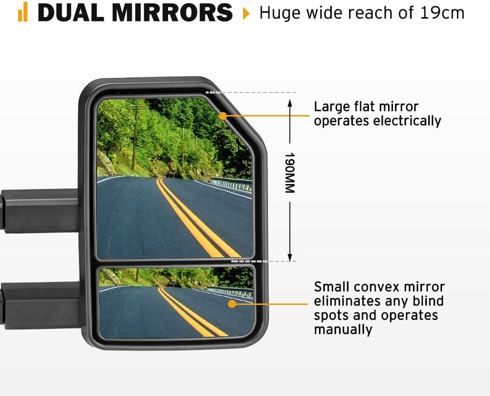 SAN HIMA Pair Towing Mirror Fits Ranger Wildtrak MK PX PX2 PX3 XL XLT XLS 2012-MY2022 - Extendable Manually Foldable Side Mirror 19CM Split View image number 6
