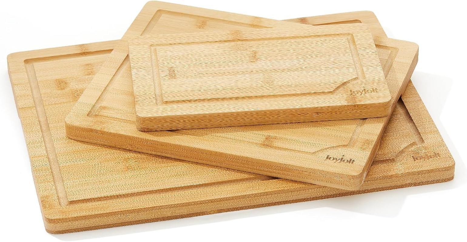 Joyjolt Bamboo Cutting Board Set, Wooden Cutting Boards for Kitchen. Large and Small Wooden Cutting Board Set; Serving Cheese Board, Bread Board or Chopping Board Set. Non Slip Wood Cutting Board Set image number 4