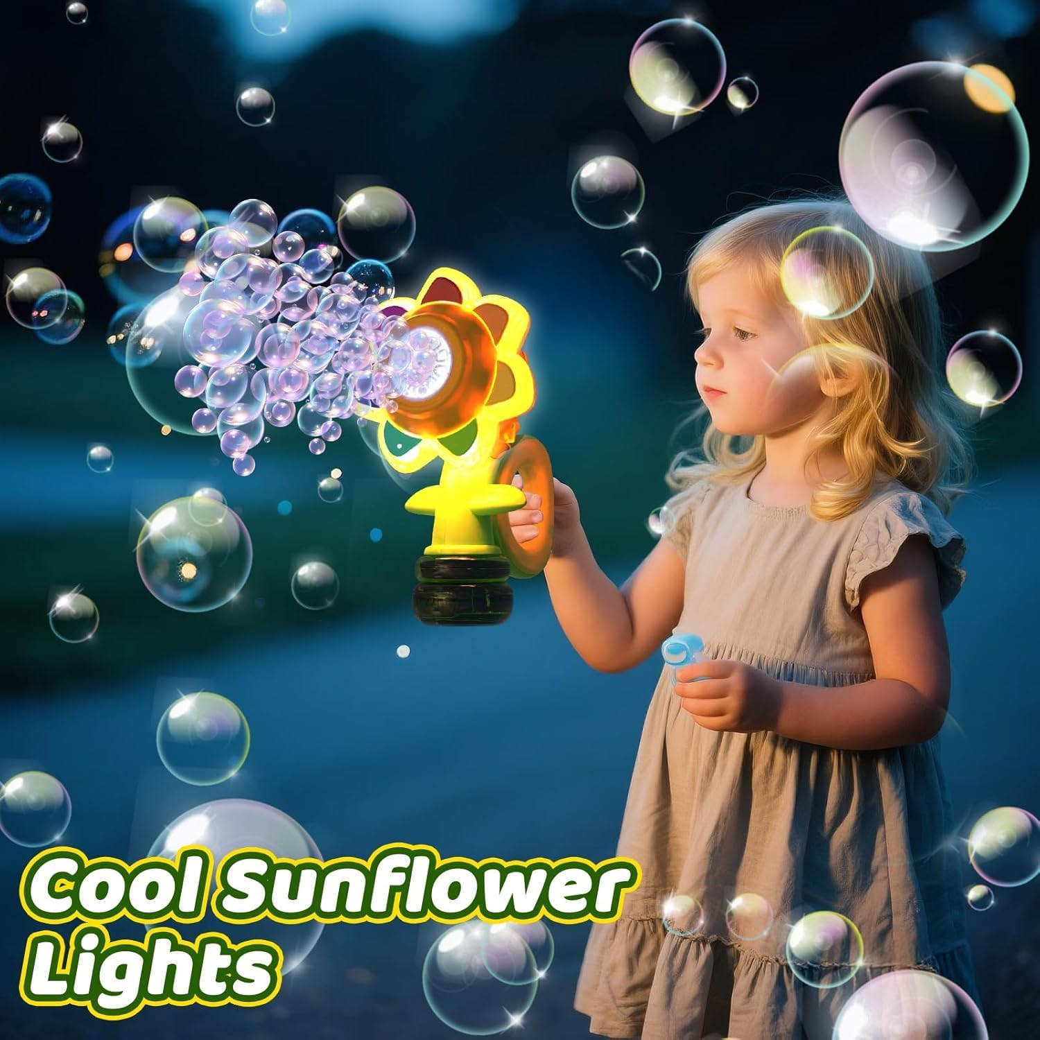 Bubble Machine for Kids, Automatic Sunflower Bubble Maker for Toddlers, Bubble Toys with LED Lighting & 10 Refill Solutions Rechargeable Bubble Blower for Indoor Outdoor Birthday Party Green image number 3
