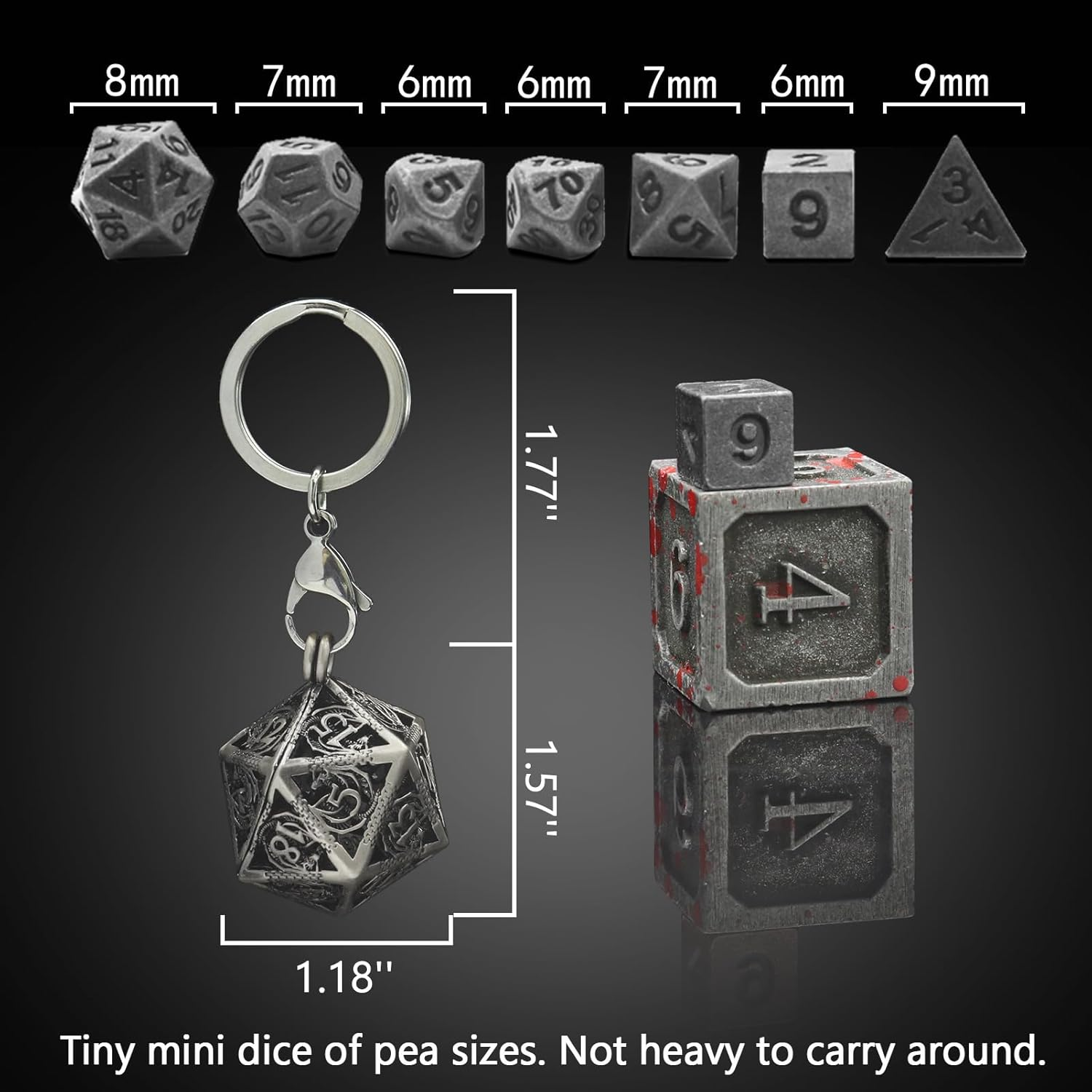 PJOY Mini Dice Set Tiny DND Dice with Necklace Stailess Steel Case D&D Portable 7PCS Keychain Metal Dice Set for Role Playing Dice Games as Dungeons and Dragons Gifts, Metal, No Gemstone image number 6