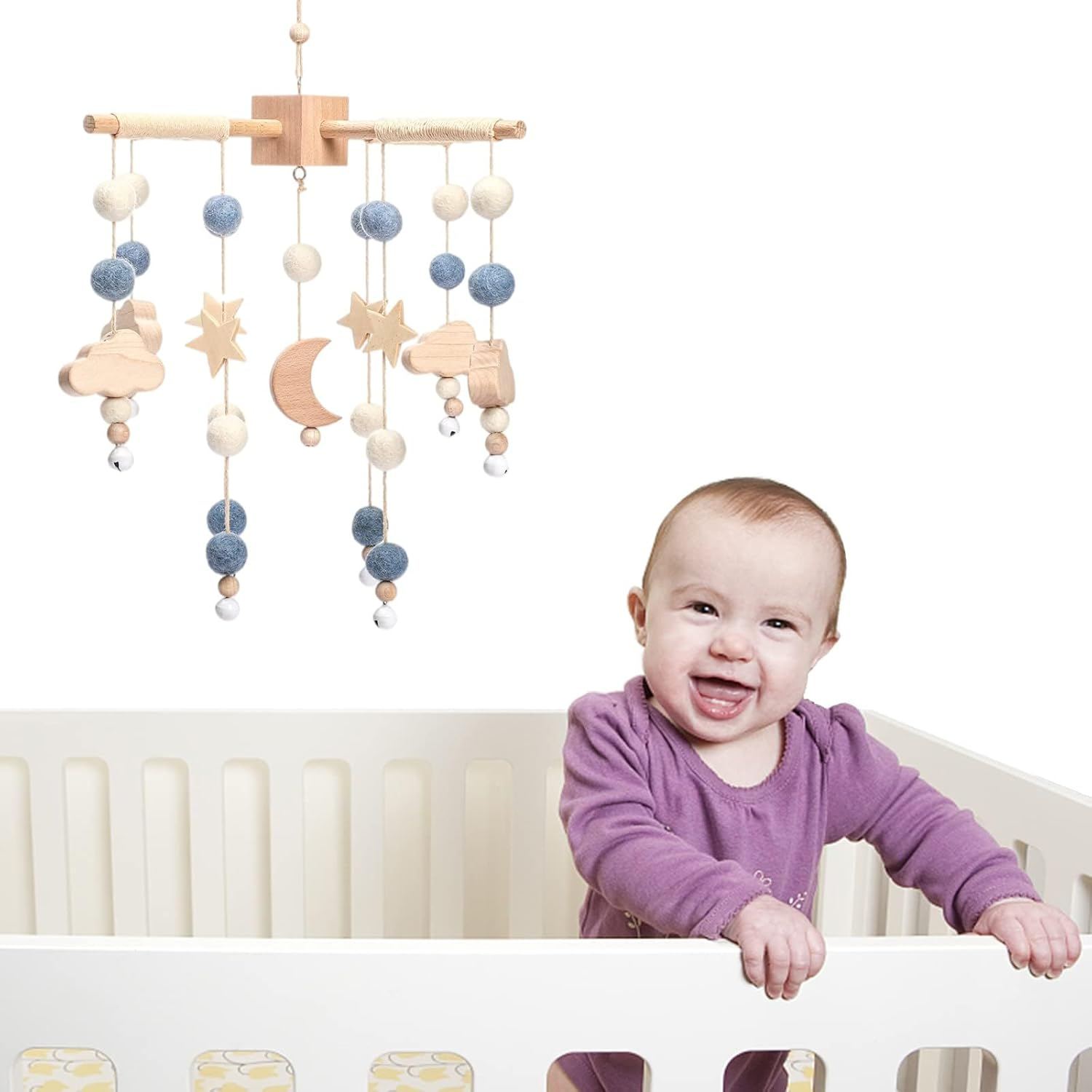 Promise Babe Clouds Wooden Baby Mobile - Blue Moon Design for Girl'S Bed image number 6