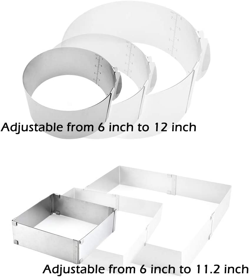 MANO 2 Pack Adjustable Cake Ring for Baking 6 to 12 Inch Stainless Steel Mousse Cake Molds Circle and Square Cake Decor Rings Bakeware Set Tool image number 3