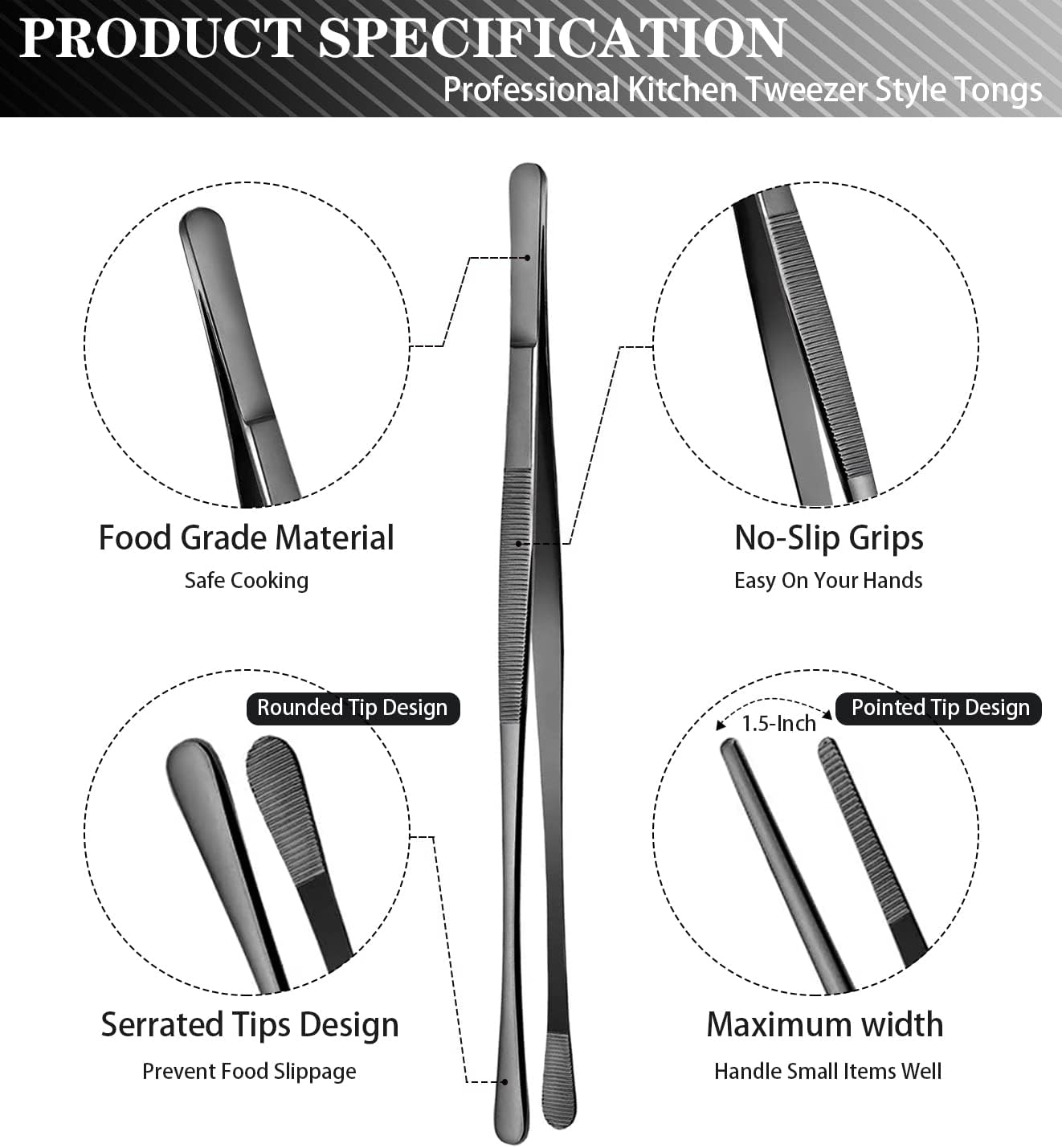 JETKONG 4 Pcs Kitchen Tweezers Professional Stainless Steel Cooking Tweezers Set, Black Kitchen Food Tweezer Tongs for Cooking, Repairing, and BBQ (10+12-Inch, Black) image number 5