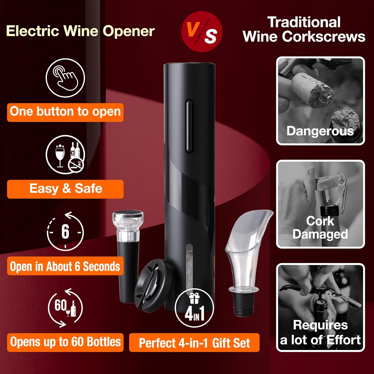 Electric Wine Opener 4-In-1 Set, Vacuum Wine Stopper, Pourer, Foil Cutter, Corkscrew, Battery Operated, Wine Aerator, Easy Wine Cork Removal to Storage(Sgs) image number 6