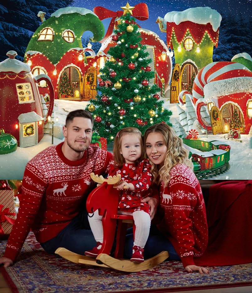 Cartoon Christmas Village Photography Backdrop Winter Snow Pine Tree Background Xmas Fairy Tale Animated Kid Party Photo Booth Banner Supplies (8X6Ft) image number 6