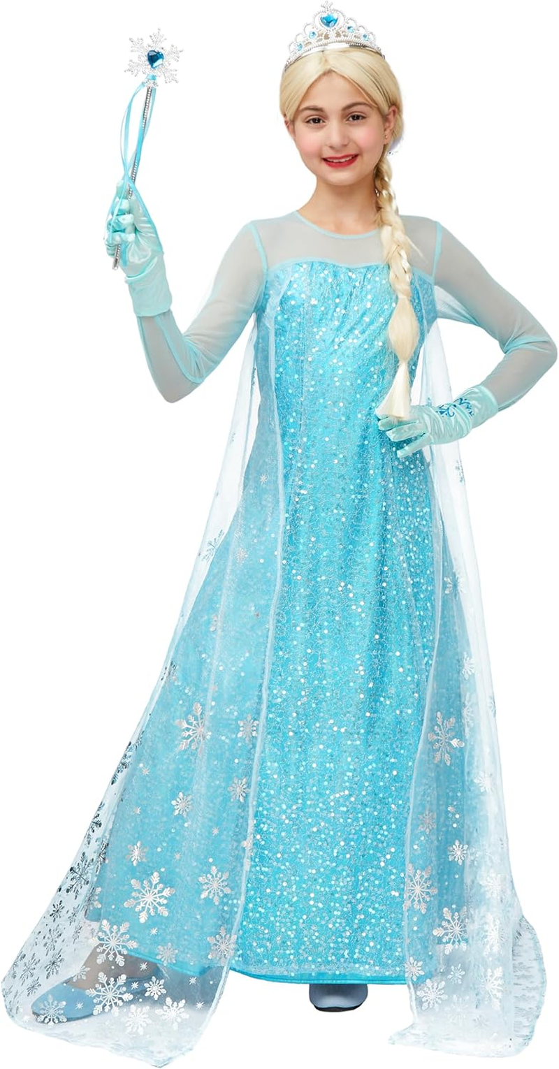 Spooktacular Creations Ice Princess Dress for Girls, Snow Princess Costume, Sequin Dress with Cape for Kid Halloween Birthday image number 6