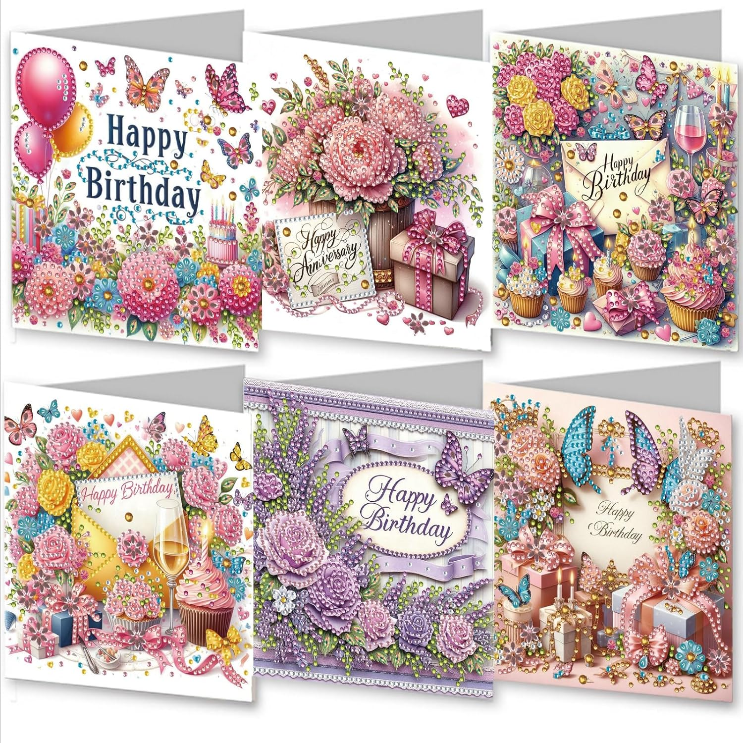 Awesocrafts 6Pcs Diamond Art Christmas Cards Kits Happy Birthday, Anniversary DIY Diamond Painting Cards Sets, 5D Crystal Art Card with Envelopes, Postcards for Handmade, Xmas 30 * 15Cm (Happy) - Best Wishes image number 7