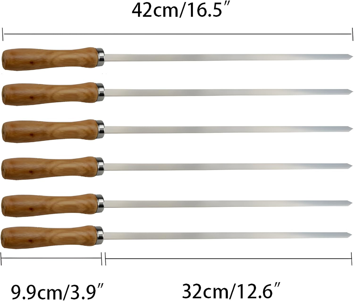 16.5 Inch Stainless Steel BBQ Skewers with Wood Handle, 6 Pack Flat Reusable Kabob Sticks for Grilling Meat, Shrimp, Chicken, Vegetables image number 6