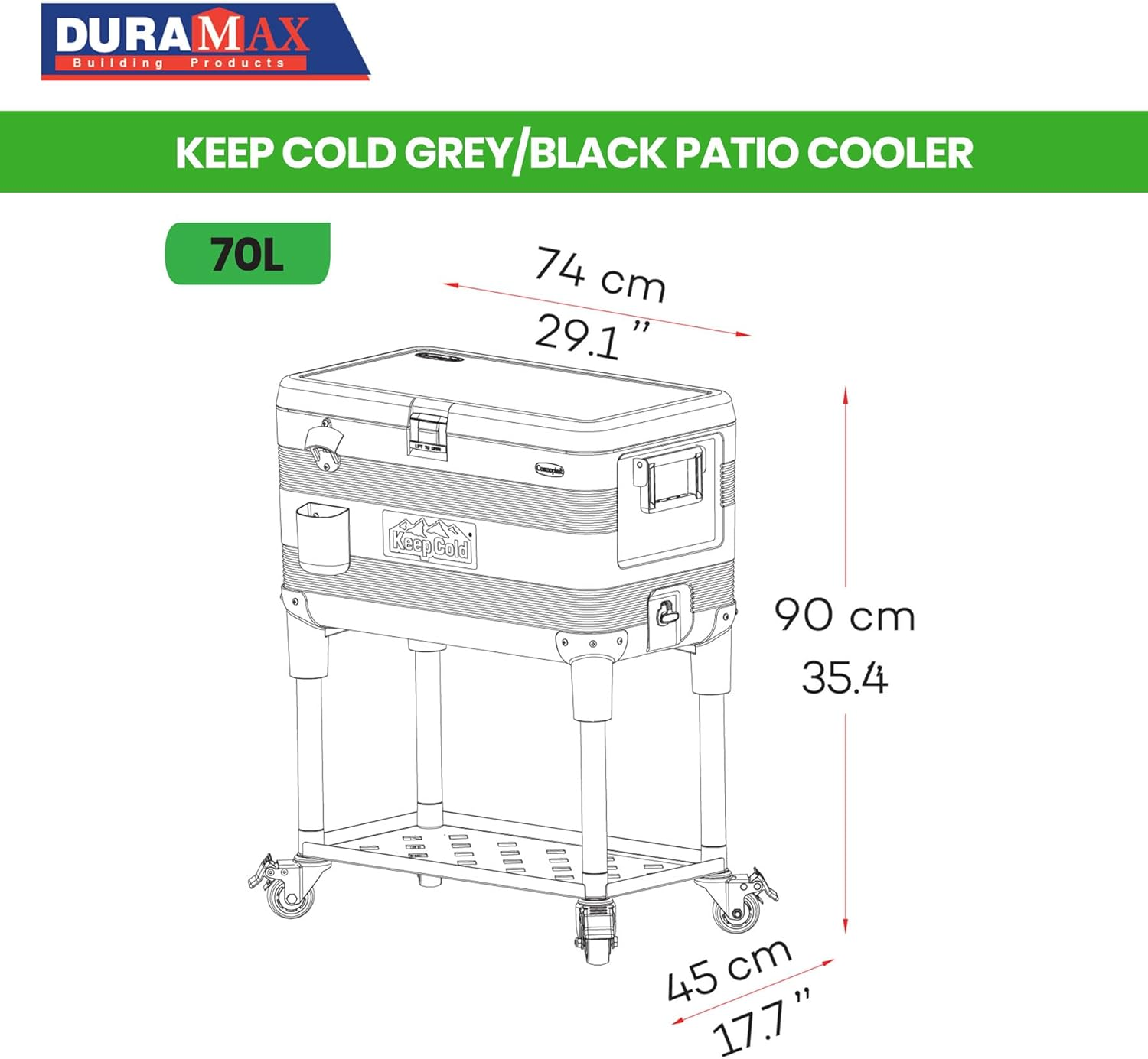 Duramax Patio Cooler 70L Icebox Beverage Cart, High Performance Cool Box with PU Insulation, Icebox with Side Handles & Caster Wheels, Bottle Opener, Extra Storage Shelf, Cooler Box, Durable Ice Chest image number 4