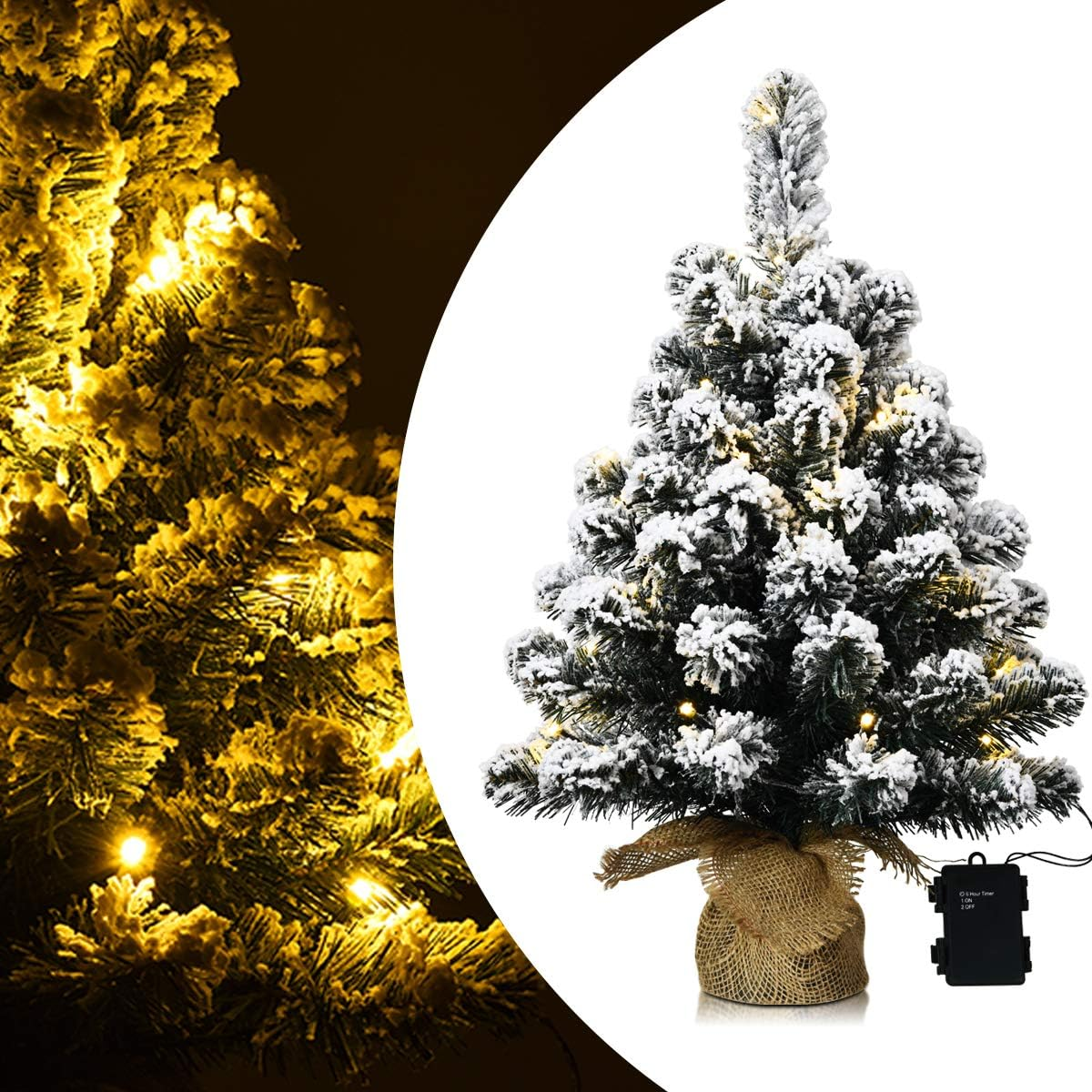 60CM Pre-Lit Snowy Christmas Tree, Mini Artificial Xmas Table Top Tree W/30 Warm White LED Lights, Battery Operated, 6 Hours Timer, Snow Flocked Tips, Potted Base W/Linen for Home, Office, Shop