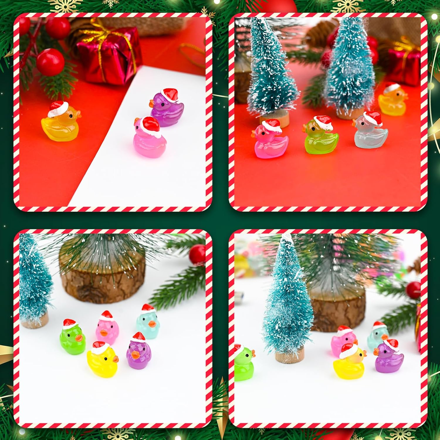 50Pcs Christmas Mini Ducks Miniature, 5Colors Luminous Ducks Figurines Wtih Christmas Hat, Figures Ornament for Micro Landscape Dollhouse Miniature Statue Landscape Craft Cake Topper image number 1