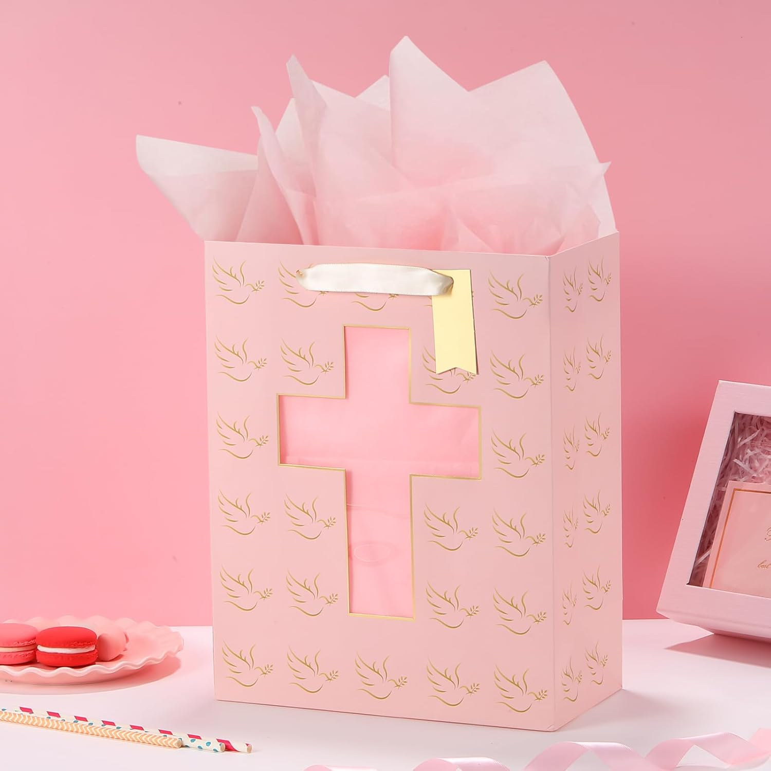 Sawnfay Pink Gift Bag - 25.3 X 12.7 X 33Cm, Baptism Gifts for Baby Girl, Christening, First Communion, Religious Events, with Cross Cut Window Design and Tissue Paper
