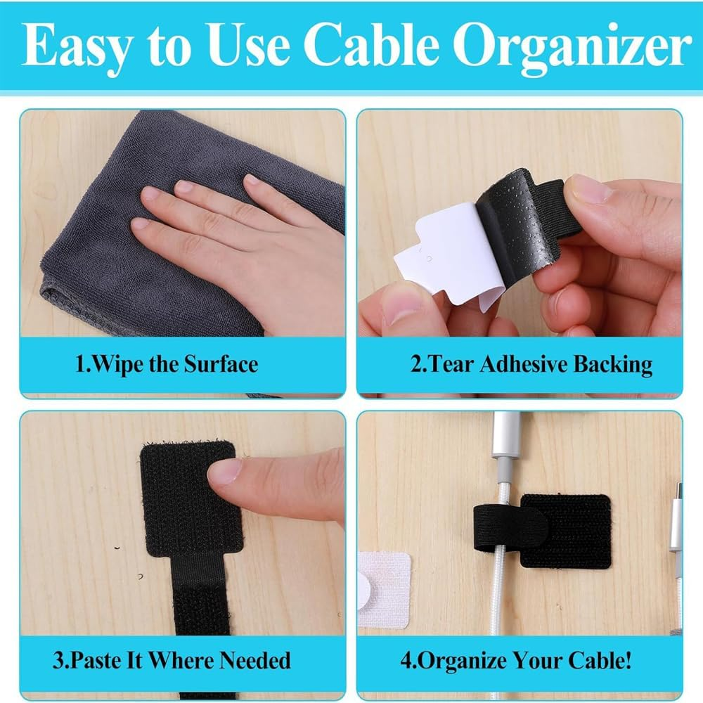 Suithink 60 Pieces Hook and Loop Cable Ties, Self-Adhesive Hook and Loop Cable Ties, with Strong Adhesive Tape for Under-Desk Management, Nylon Wire Tidy for Home & Office image number 4