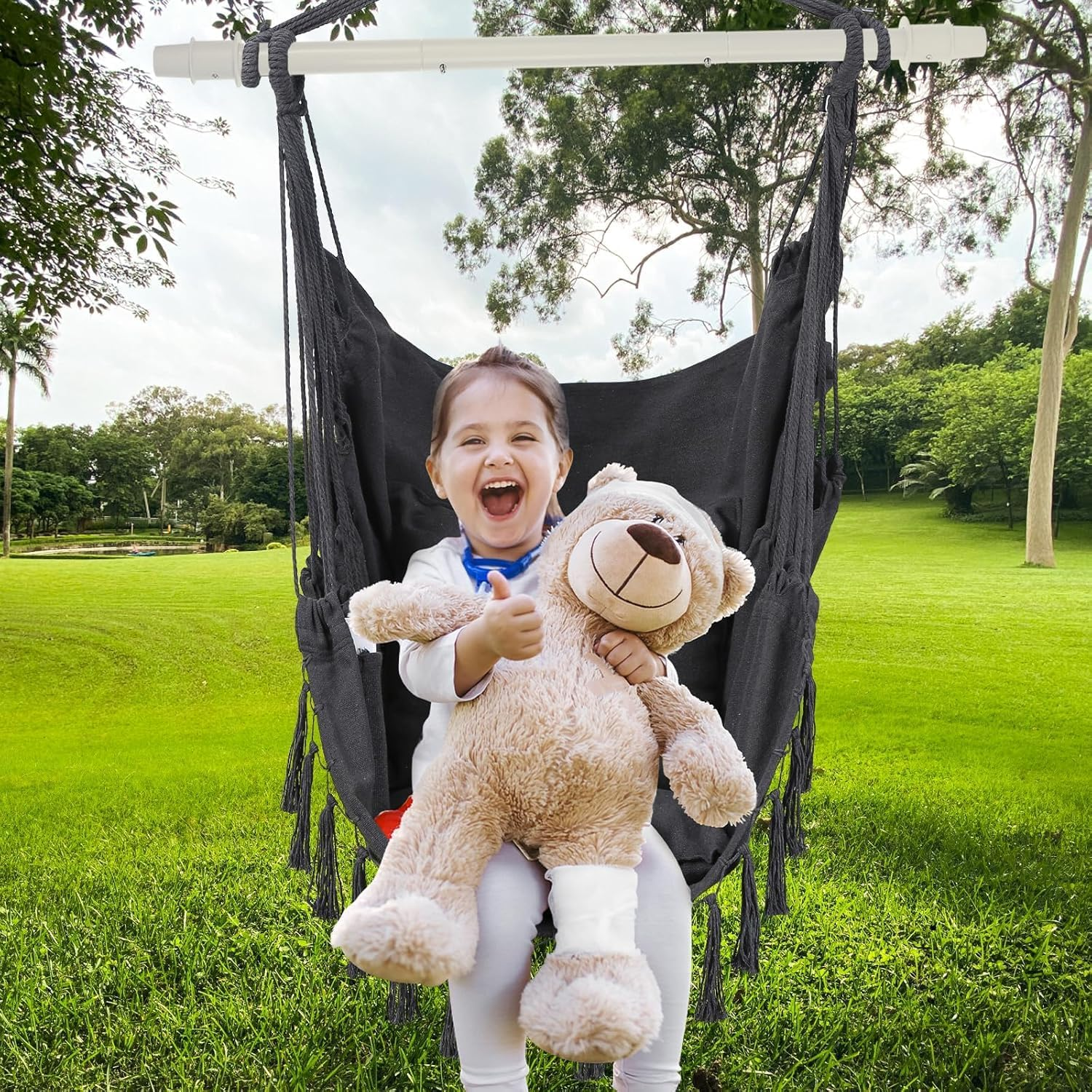 Hammock Chair Hanging Rope Swing Chair with 2 Seat Cushions & Installation Kit, Max 150Kg,Hammock Swing Hanging Chair (Gray) image number 3