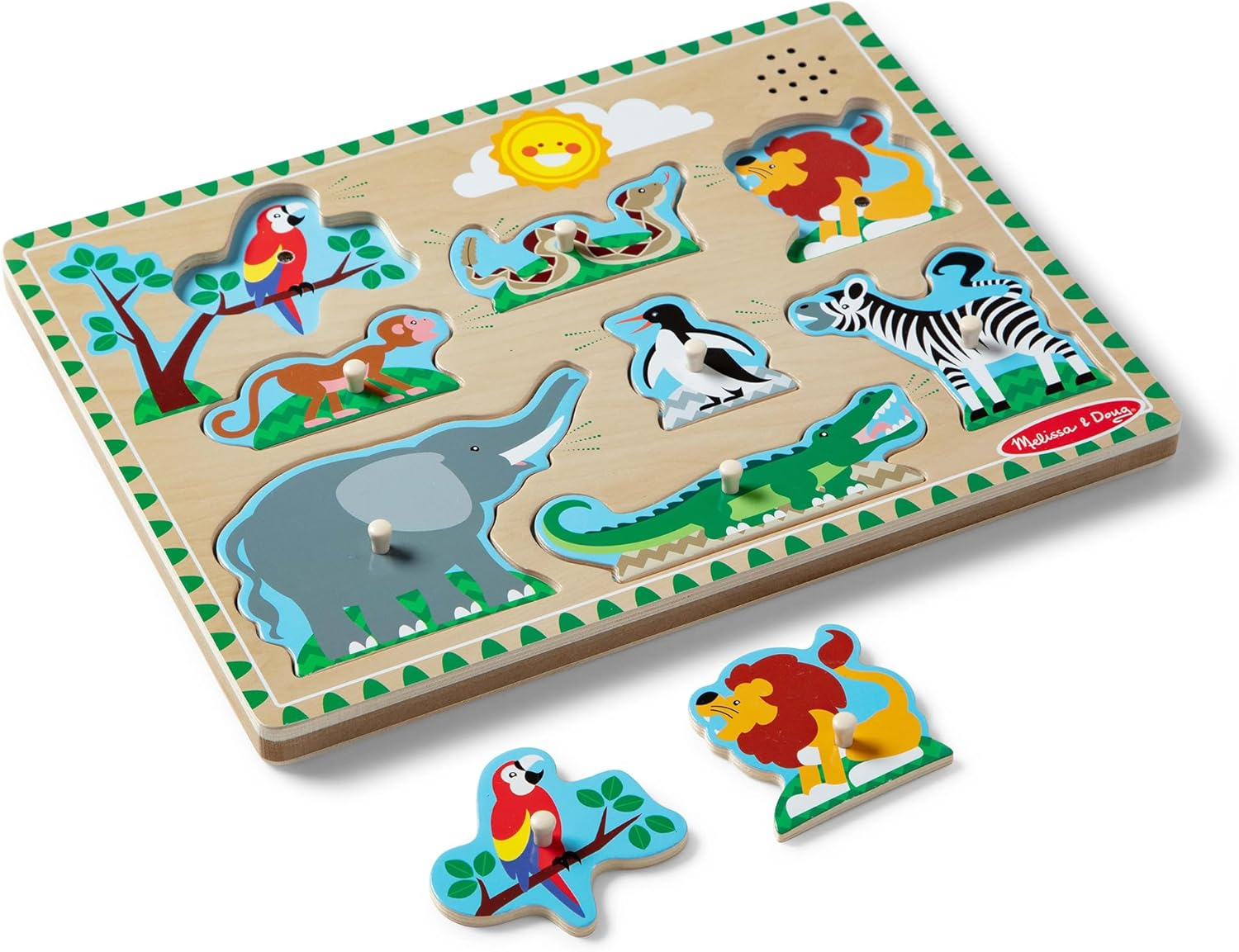 Melissa & Doug Zoo Animals Sound Puzzle &ndash; 8-Piece Wooden Peg Puzzle with Animal Sounds (Ages 2+) image number 5