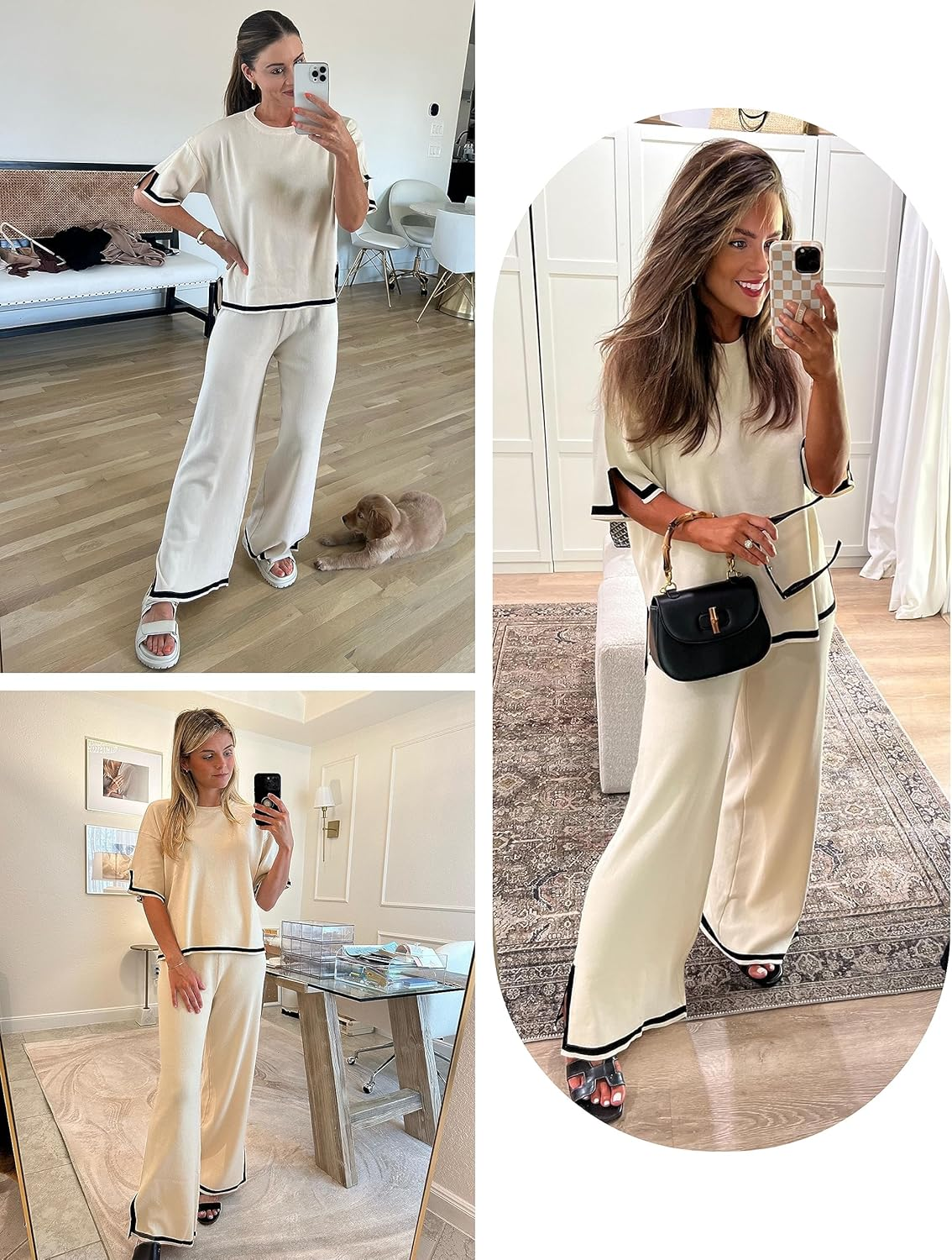 Women 2 Piece Sweater Set Short Sleeve Knit Pullover Tops High Waist Wide Leg Pants image number 4