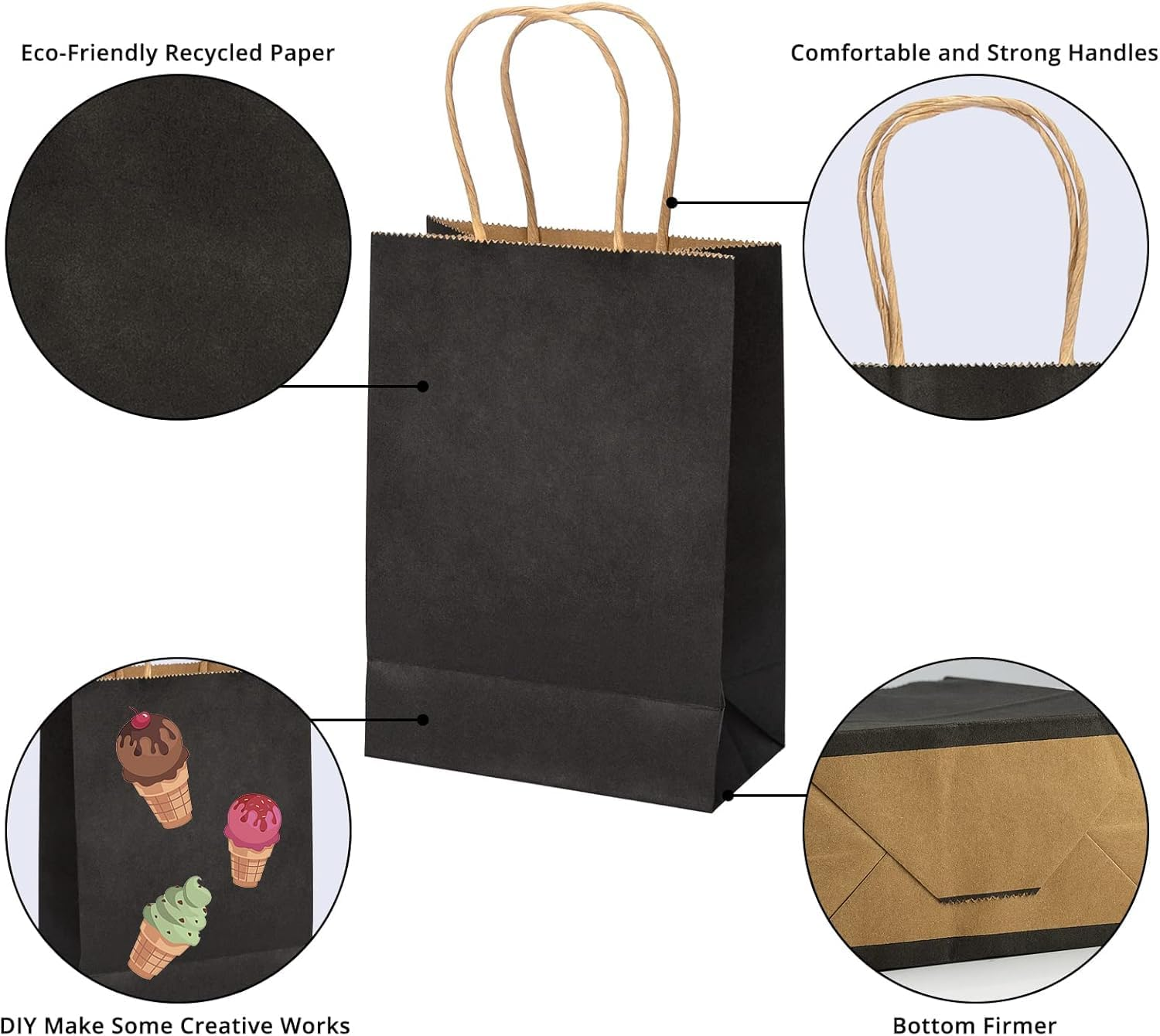 50 Pack Black Kraft Paper Bags with Handles Bulk, Gift Bags, Craft Grocery Shopping Retail Birthday Party Favors Wedding Sacks,Shopping, Business 15 X 8 X 21Cm