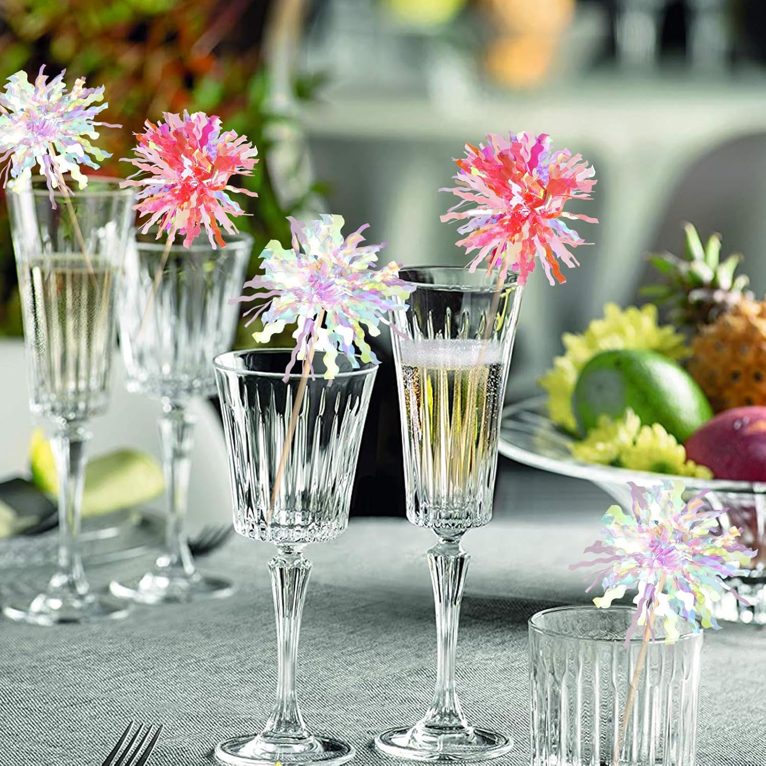 20 Pack Foil Firework Cupcake Toppers Party Birthday Cake Toppers Supplies Sparkle Tinsel Cocktail Fruit Toothpick for Birthday Wedding Graduation Party White+Pink - Black Orange image number 2