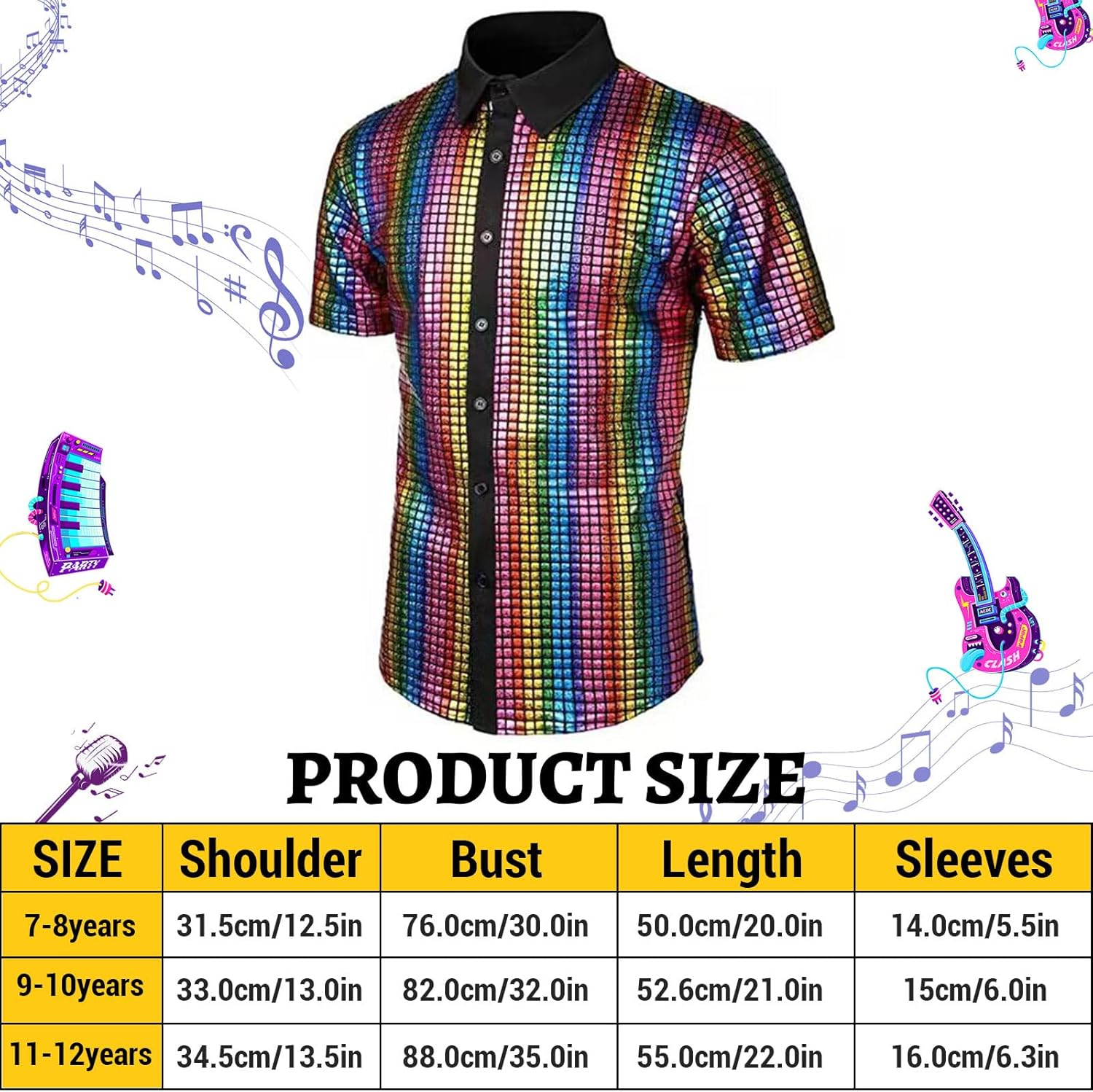 5Pcs Boy 70S Disco Costume,Kids Boys Sequins Dress Shirt,Wig Disco Necklace Sunglasses for 60S Dress Up