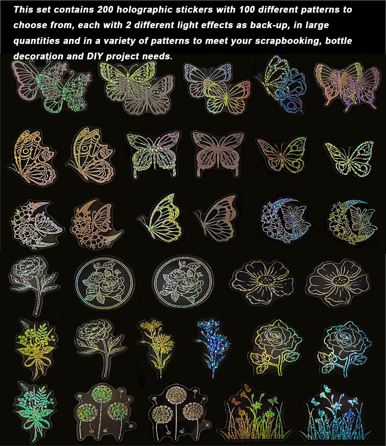 200 Pcs Holographic Glitter Butterfly Stickers + 1 Craft Tweezer Waterproof Flower Shiny Adhesive Transparent Decorative Decals for Scrapbooking Journal Planner Water Bottle Laptop Phone image number 2