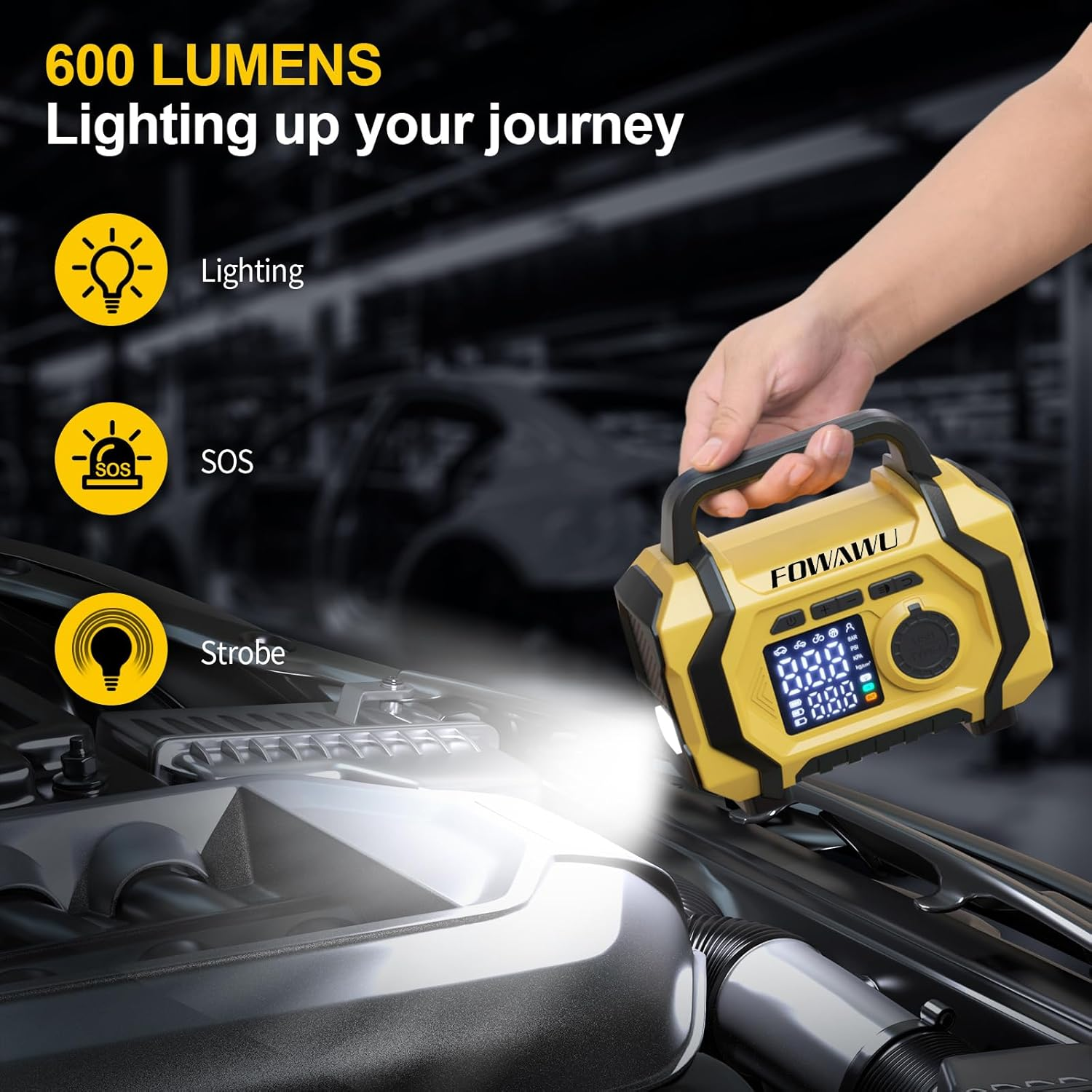 FOWAWU 6000A 26800Mah Jump Starter with Air Compressor, Car Battery Jumper Starter Power Bank (ALL Gas/10.0L Diesel), Cordless Auto-Shutoff Tire Inflator, Type-C Quick Charge, Smart Jumper, LED Lights