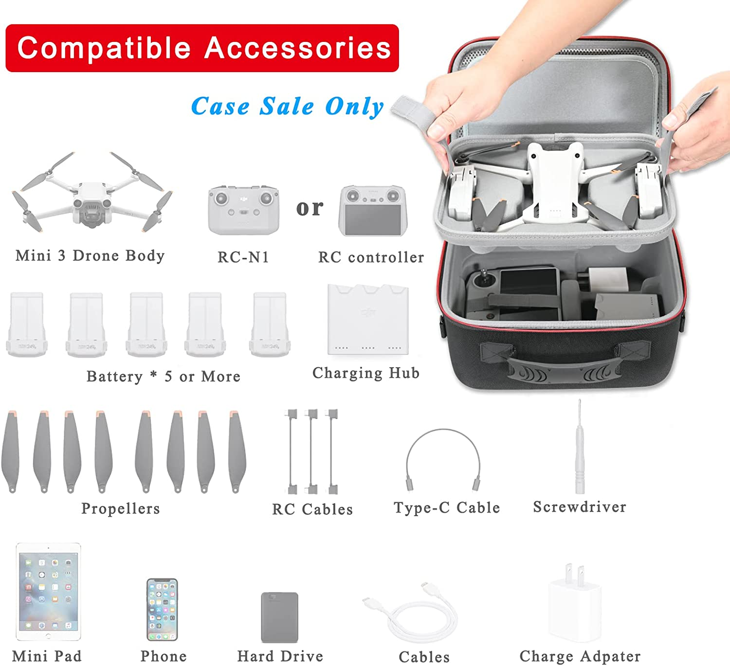 RLSOCO Hard Case for DJI Mini 3 Pro - Fits Full Mini 3 Pro Accessories: Drone Body,Rc-N1 or RC Controller,Propellers (Allows Arms Unfold and Fold) image number 4