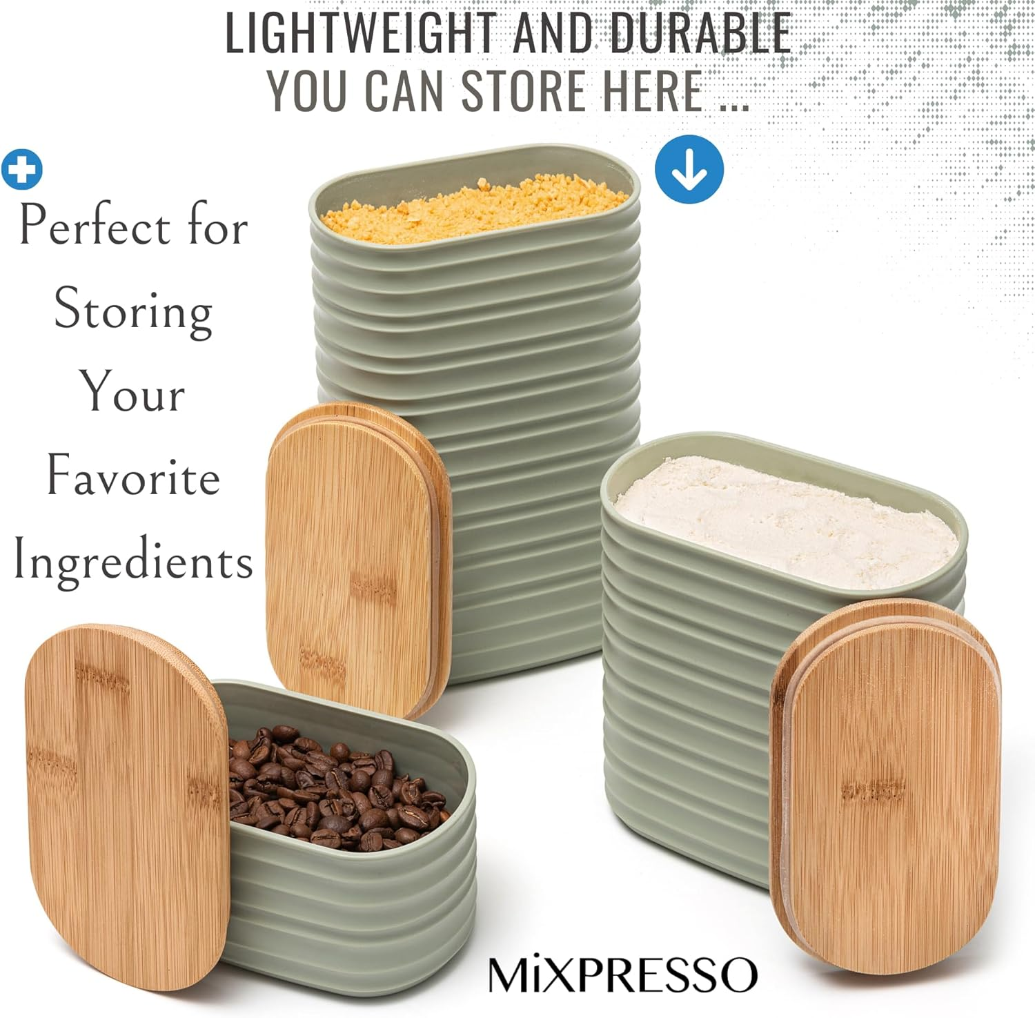Mixpresso Olive Green Canisters Sets for the Kitchen &ndash; 3-Piece Airtight Plastic Sugar Container Set with Bamboo Lids in Three Different Sizes &ndash; Decorative Modern Storage Jars for Coffee &Tea image number 4