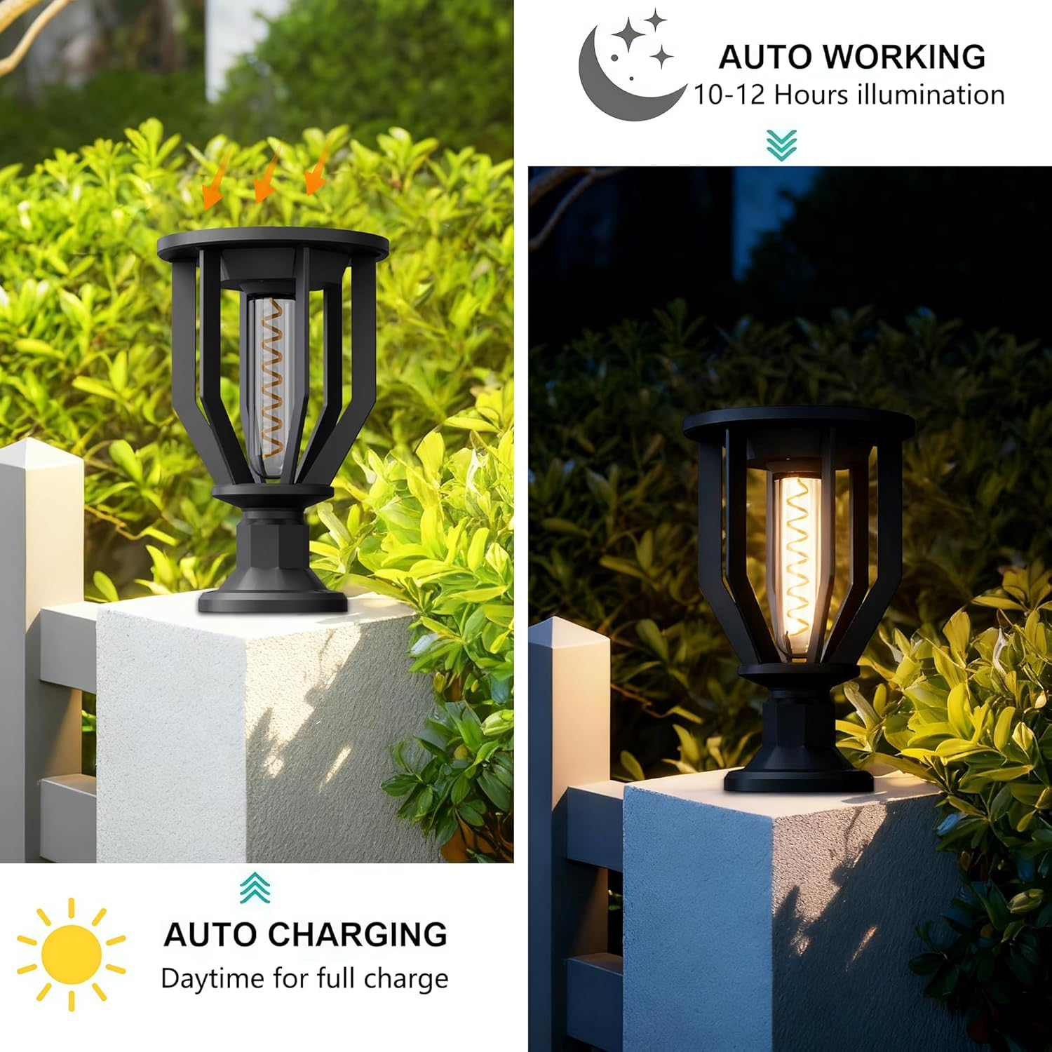 Solar Pillar Light Outdoor Waterproof, 26Cm Black Decorative Solar Post Light with 2200K Warm Spiral LED, Solar Powered Fence Post/Gate/Driveway Lantern image number 5