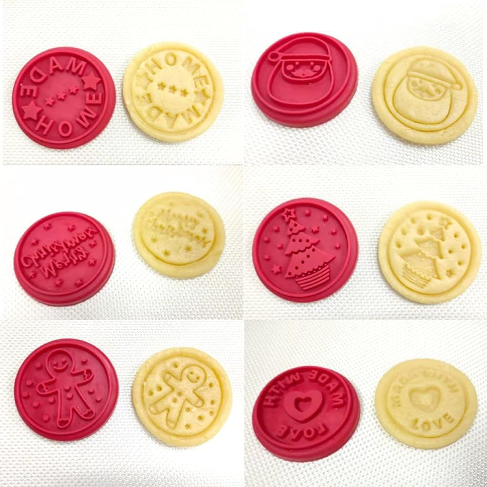 6 PCS Silicone Holiday Christmas Cookie Stamp Set with round Cookie Cutter, Wooden Press Handle, Christmas Cookie Cutter, Santa Claus, MADE with LOVE, Gingerbread Man, HOME MADE