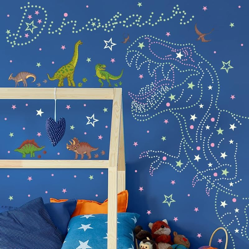 925Pcs Glow in the Dark Dinosaur Wall Decals Removable DIY Glowing Blue Green Yellow Stars and Dots Wall Stickers PVC Peel and Stick Fluorescent Luminous Wall Decor for Kids Bedroom Baby Boys image number 3