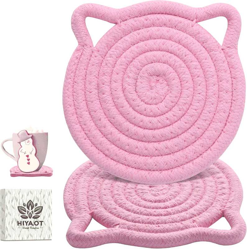 Cute Coasters for Drinks Set of 2 Color, Absorbent Handmade Fabric Drink Coasters for Coffee & Tea -Home D&eacute;cor Extra Large 4.8 In* 8Mm, Protect the Wooden Table Surface (2 Pack-Cat-Blush Pink)