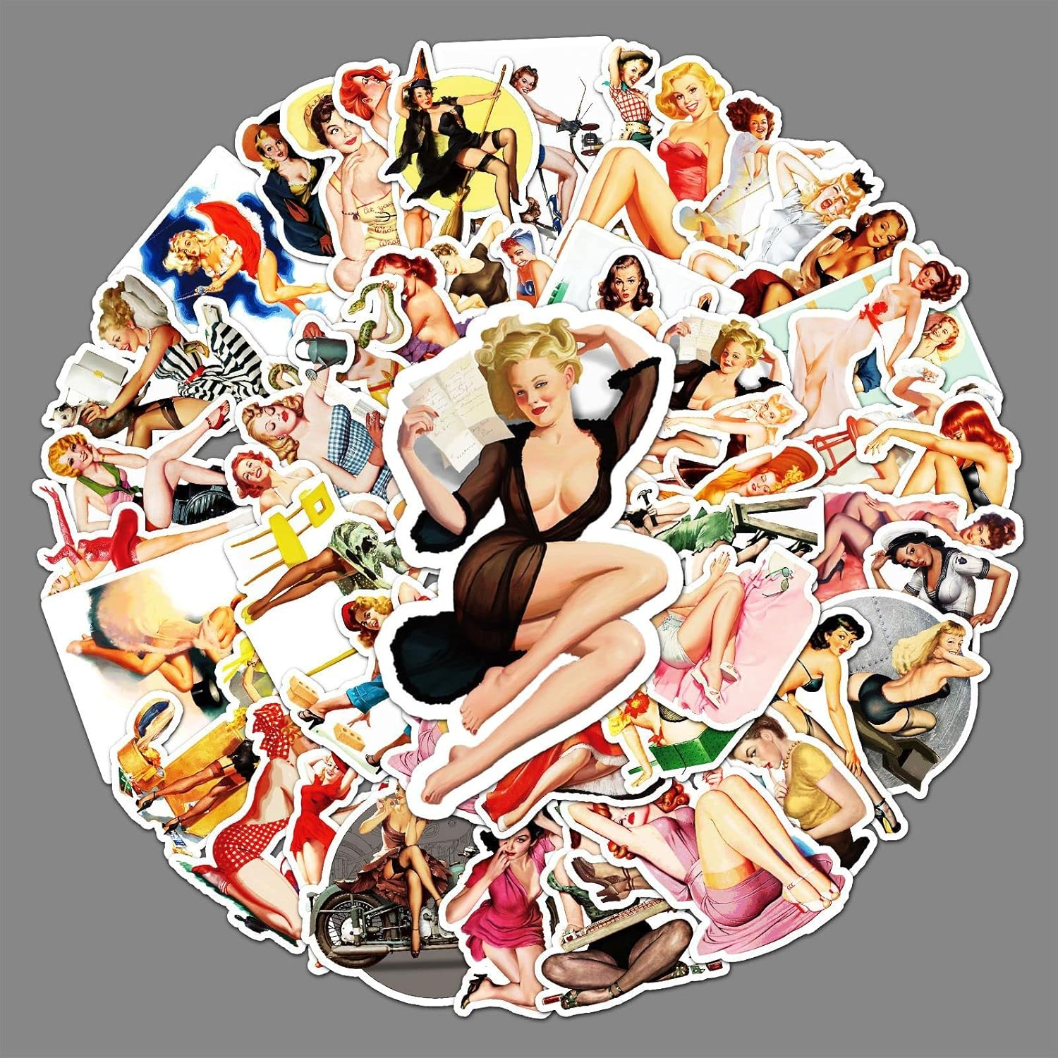 Sexy Pinup Girl Stickers,50 PCS Retro Motorcycle Girl Graffiti Vinyl Waterproof Decals for Water Bottles Computer Bicycle Skateboard Luggage Phone Pad Laptop Kids Teens Stickers Pack