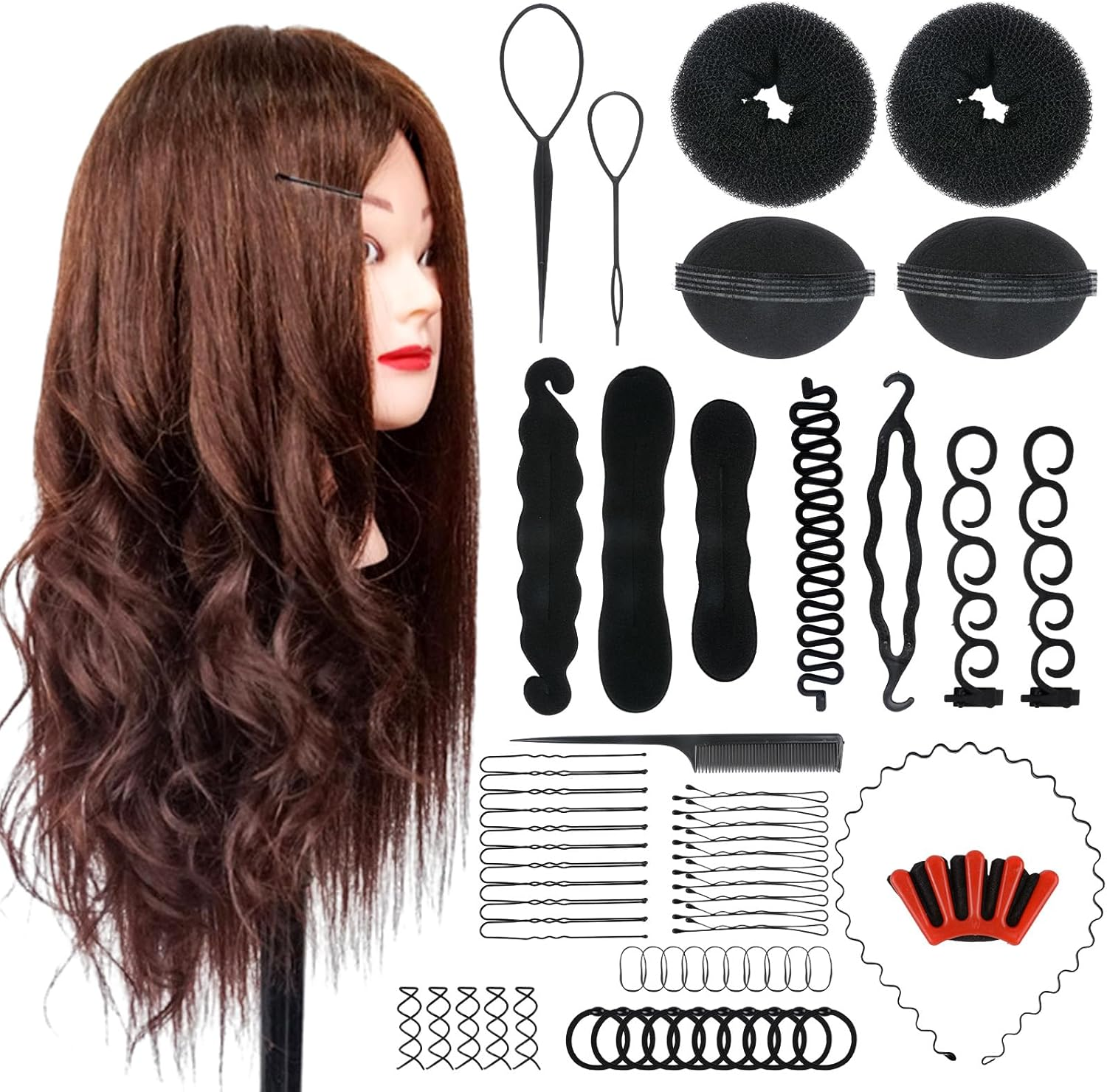 Mannequin Head with 80% Human Hair,Hair Styling Training Head with Clamp Holder & Tools for Hair Styling, Braiding, Curling,Cutting(Brown)